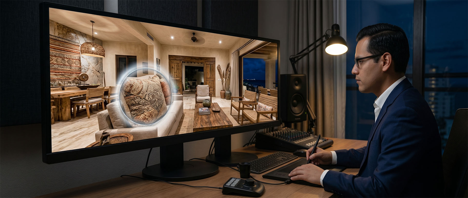 Advanced editing of a 360-degree panoramic scene