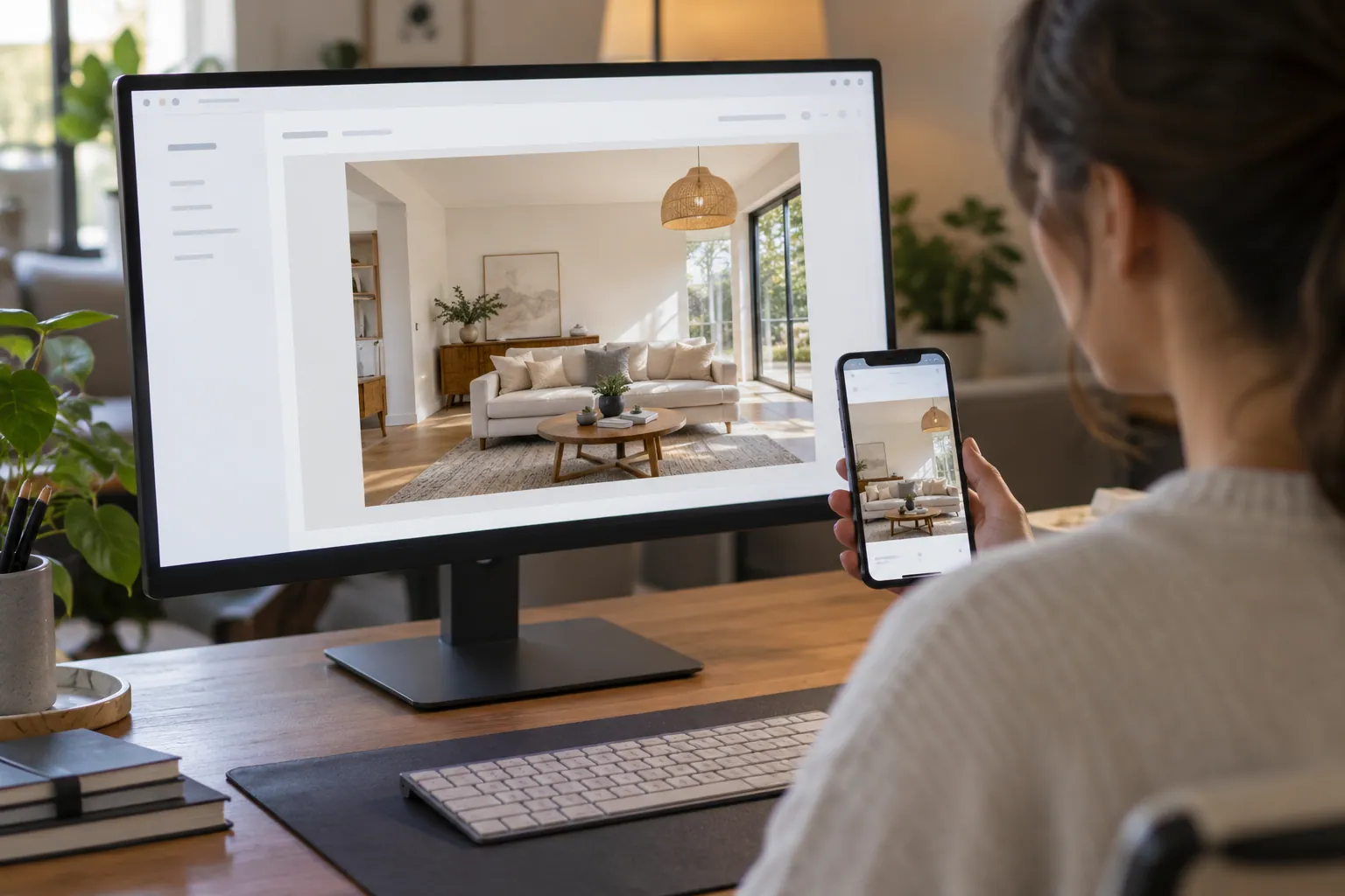 Una fotografía de interior se revisa en un monitor y un teléfono