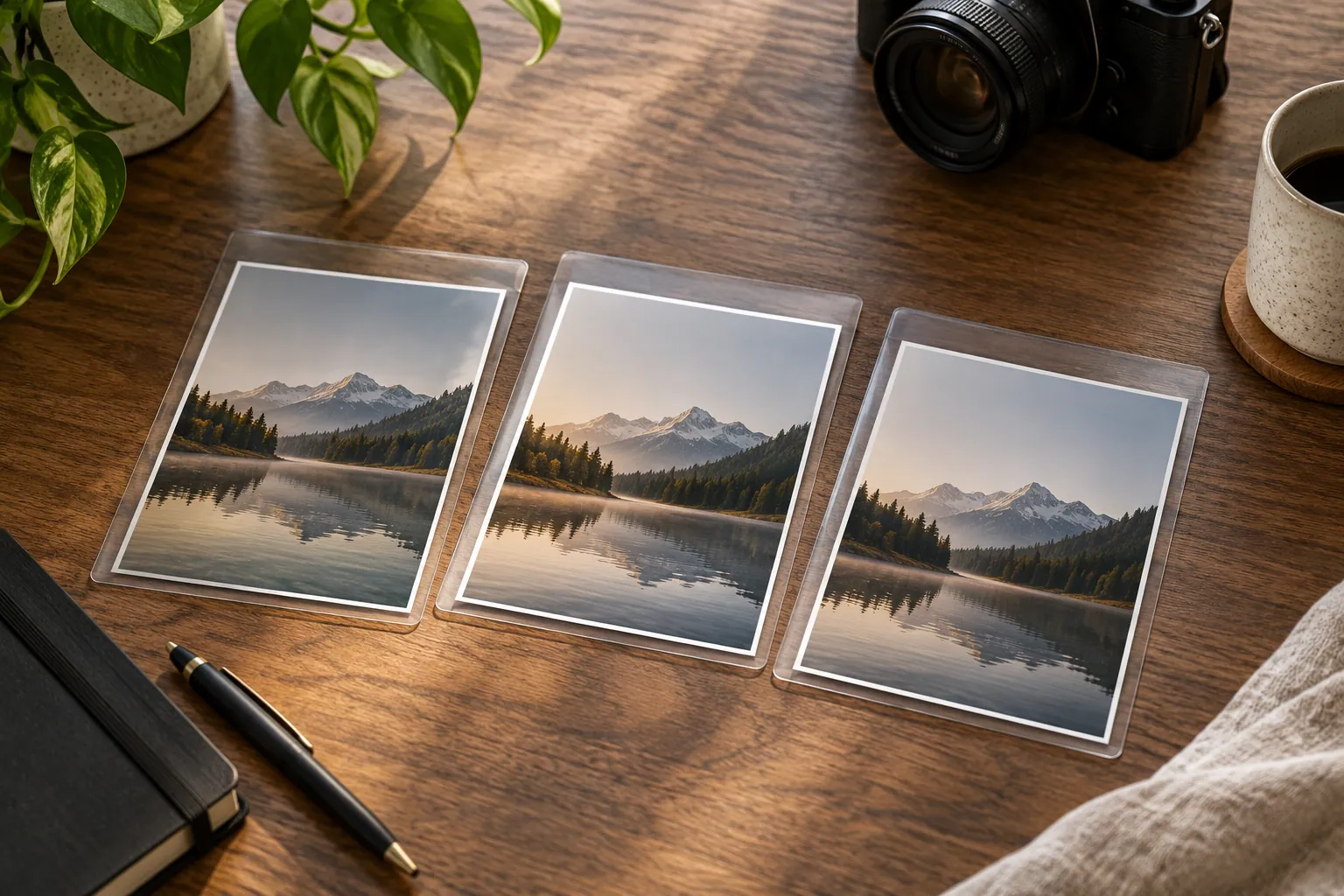 Tres fundas transparentes con fotografías de un paisaje sobre una mesa