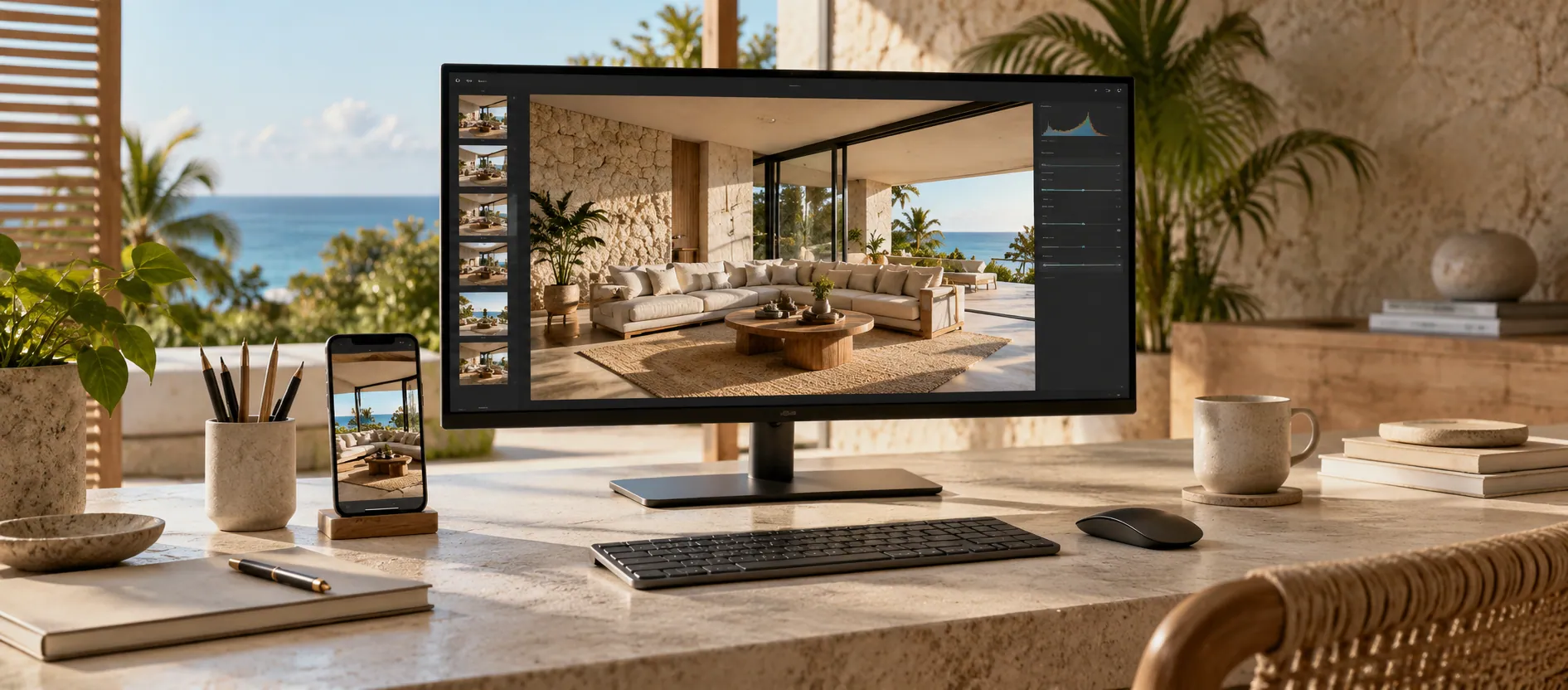 Monitor y teléfono muestran una fotografía de sala en un estudio iluminado