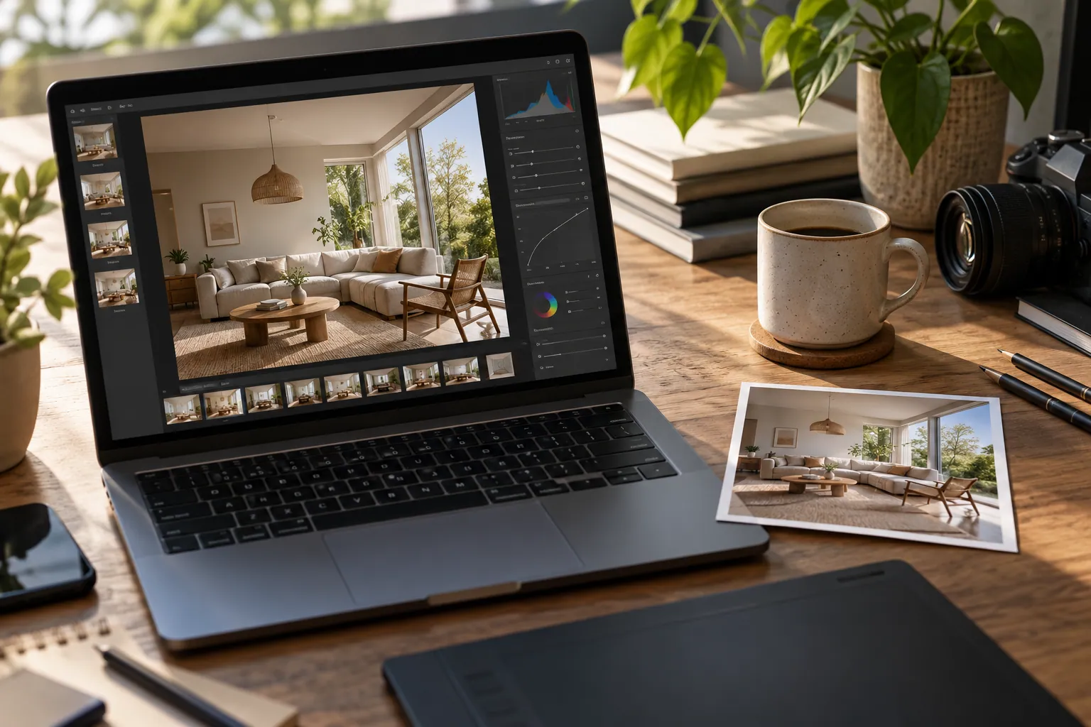 Laptop con una fotografía de interior y una copia impresa sobre el escritorio