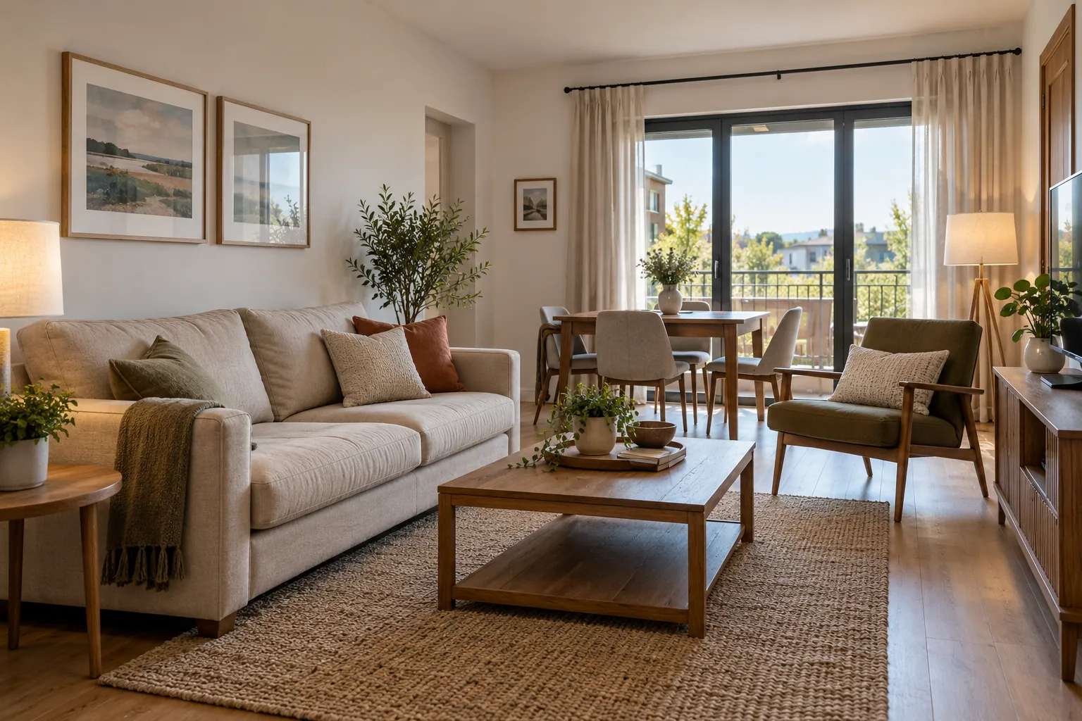 Sala ordenada con muebles y superficies despejadas