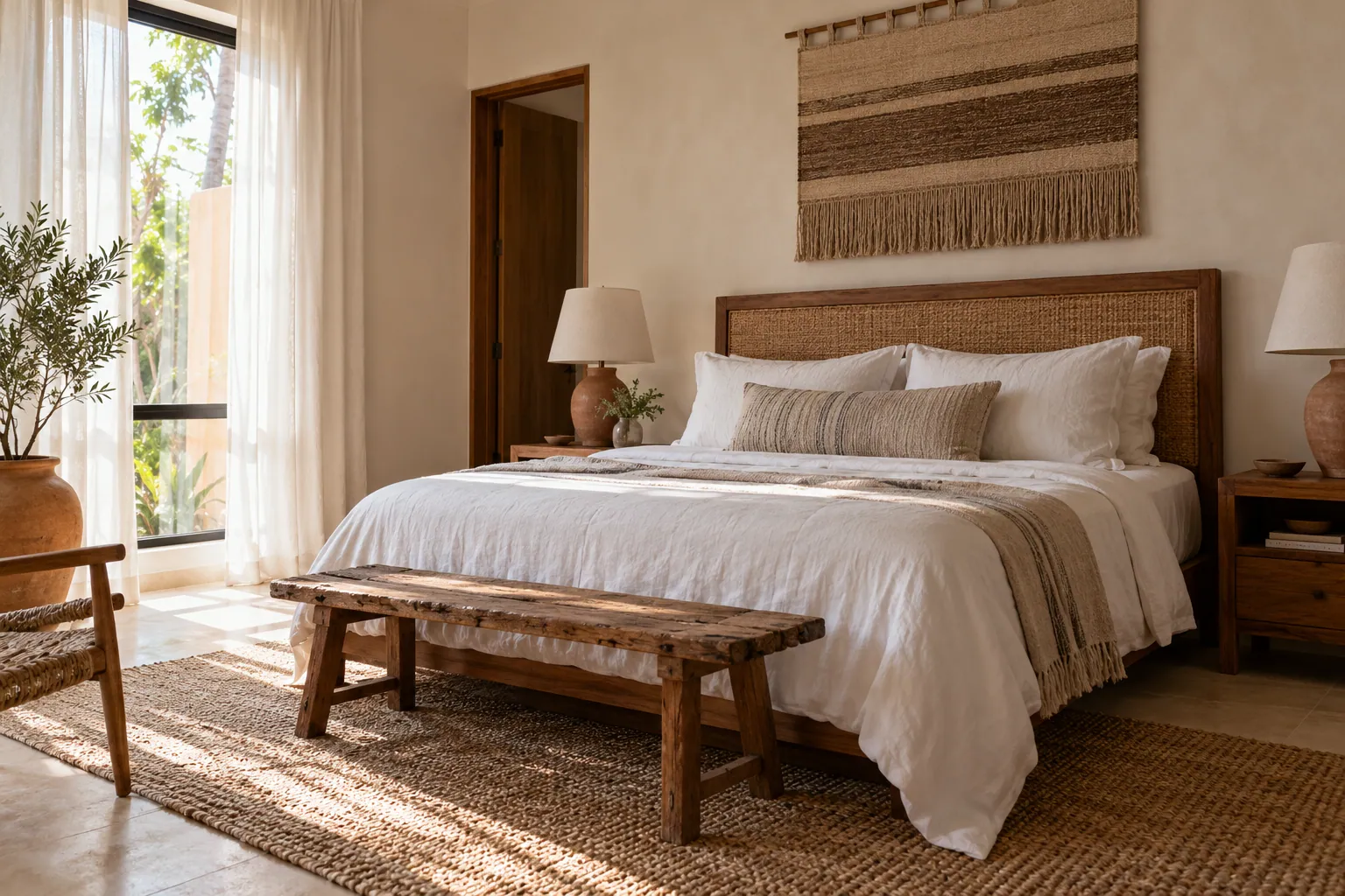 Recámara con ropa de cama clara e iluminación natural desde una ventana lateral