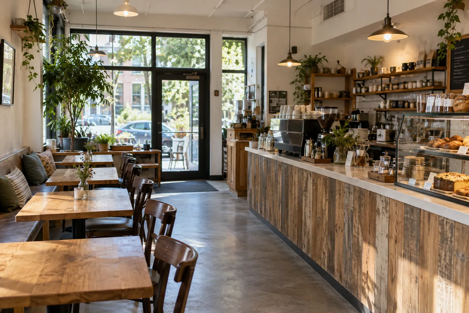 Interior de cafetería con asientos, mostrador y zona de paso visibles