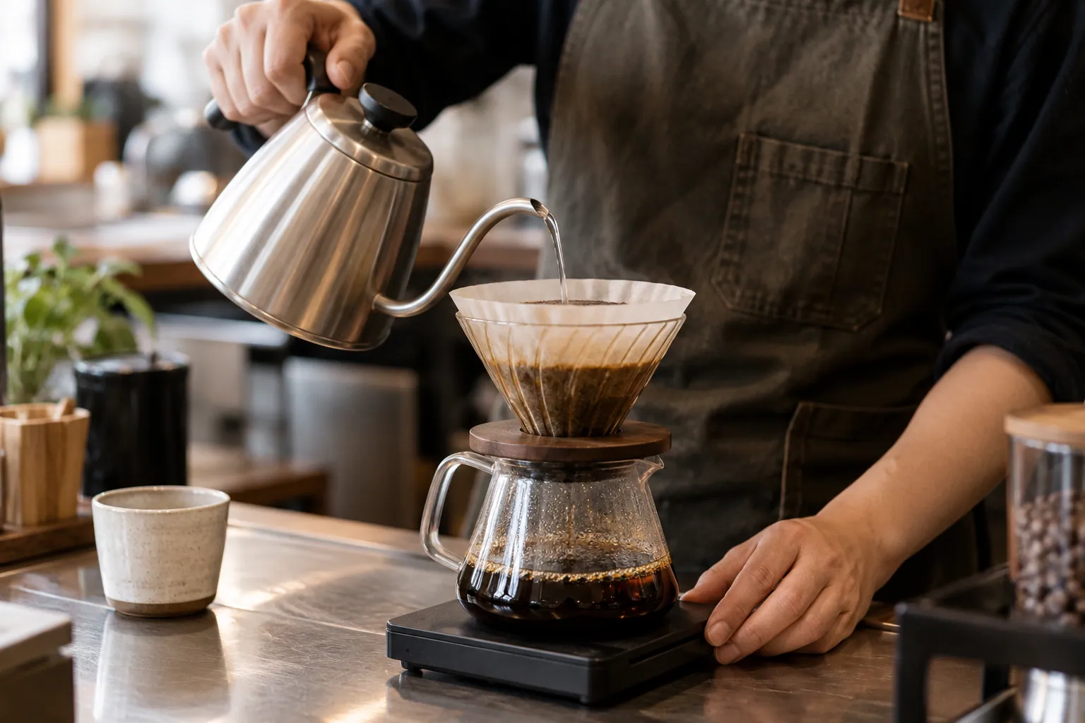 Manos preparan café filtrado en una barra