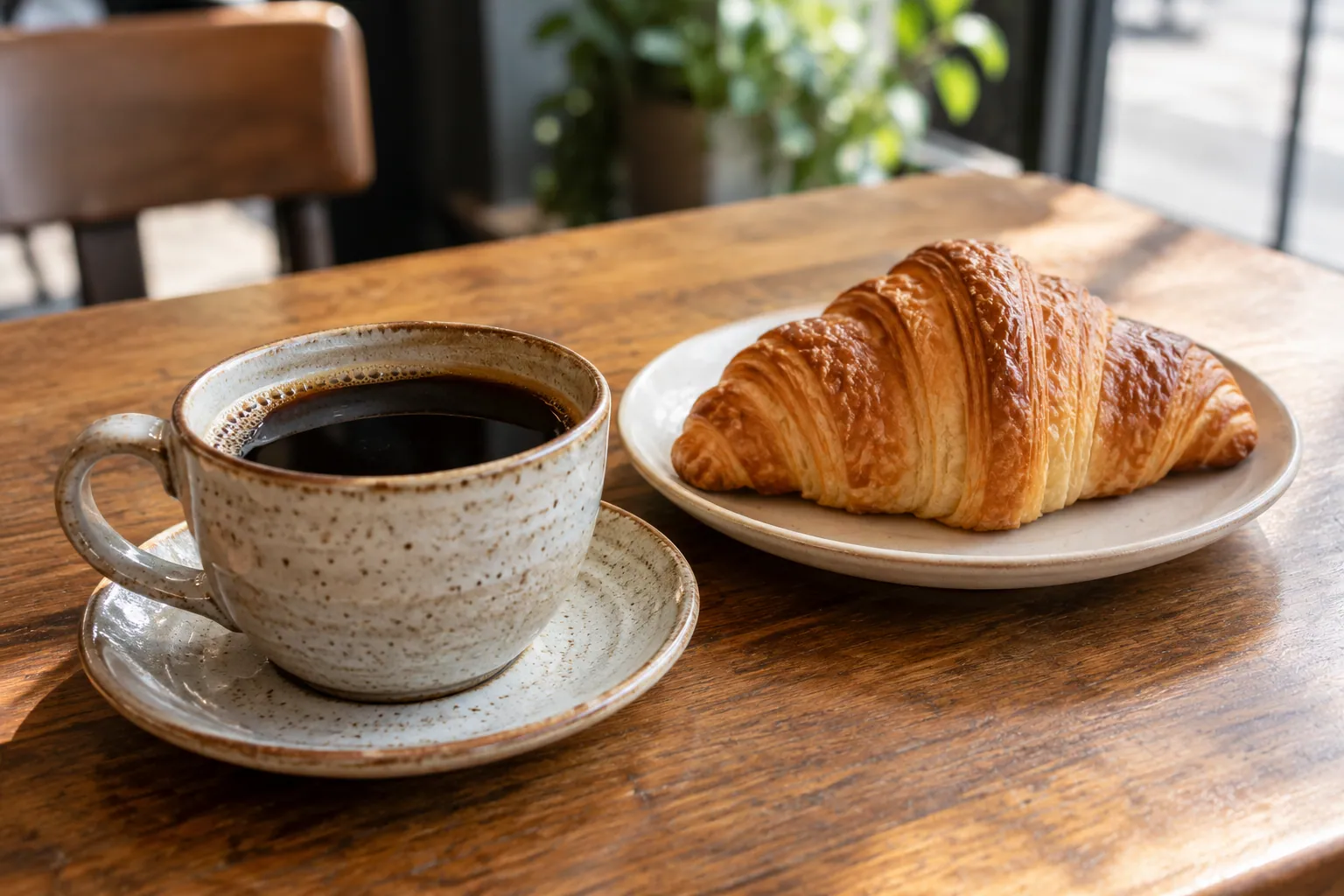 Taza de café y pieza de pan sobre una mesa de cafetería