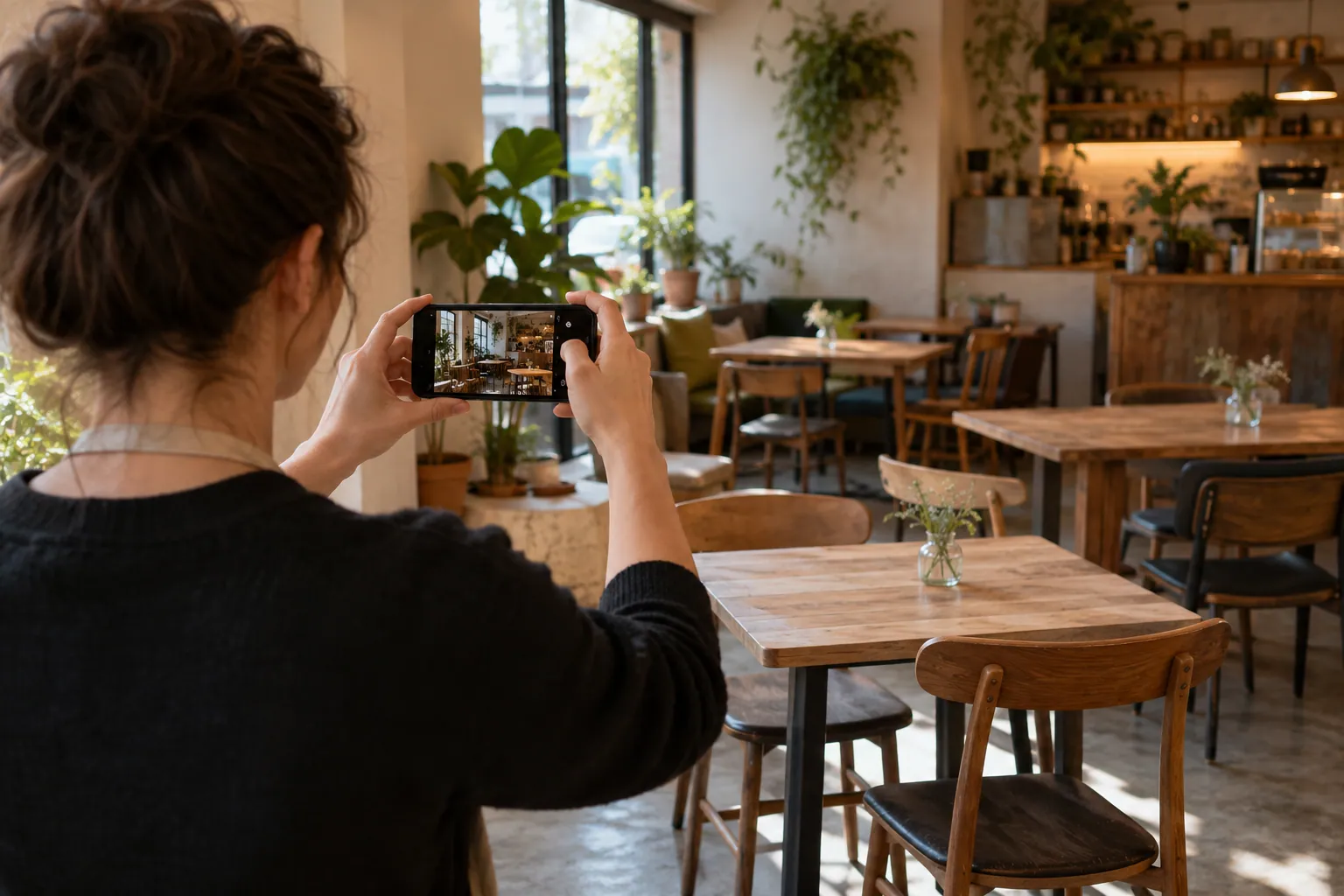 Una persona fotografía con su teléfono la distribución de una cafetería