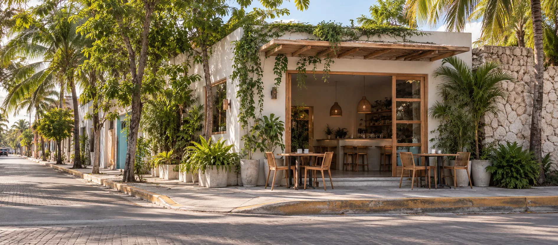 Fachada de una cafetería y su aproximación peatonal en un barrio