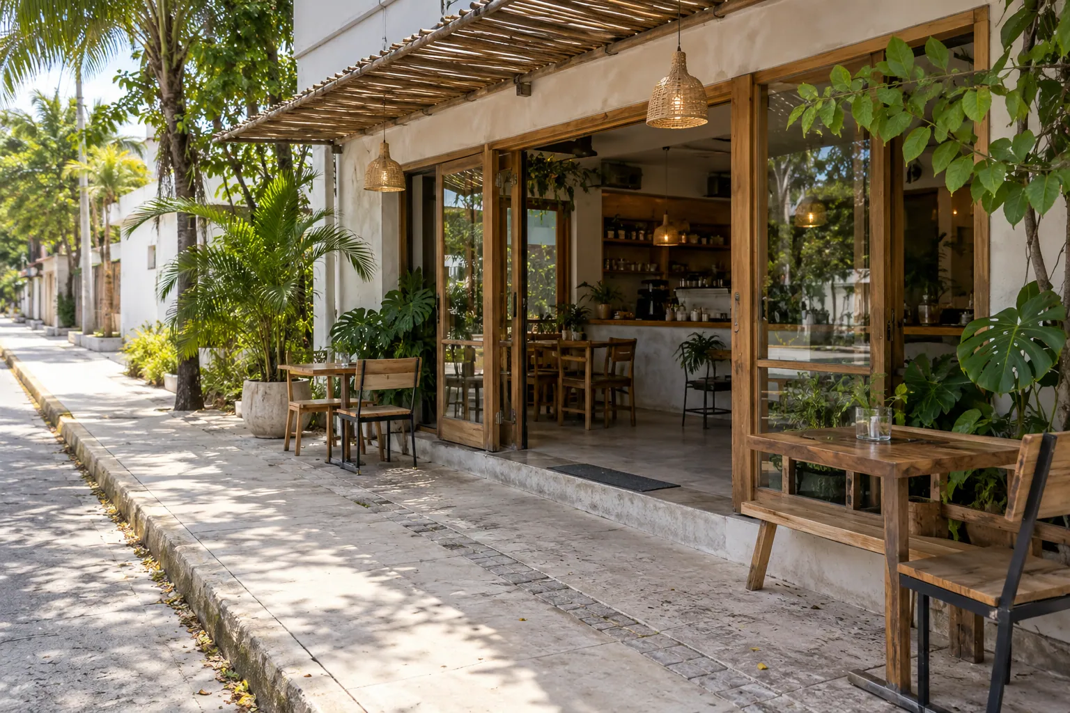 Entrada de una cafetería pequeña vista desde la calle
