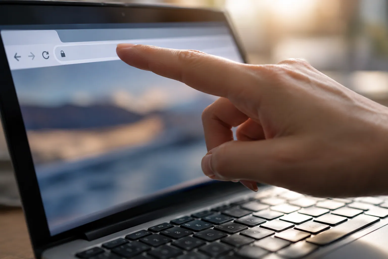 Mano señala la zona de dirección del navegador en una laptop