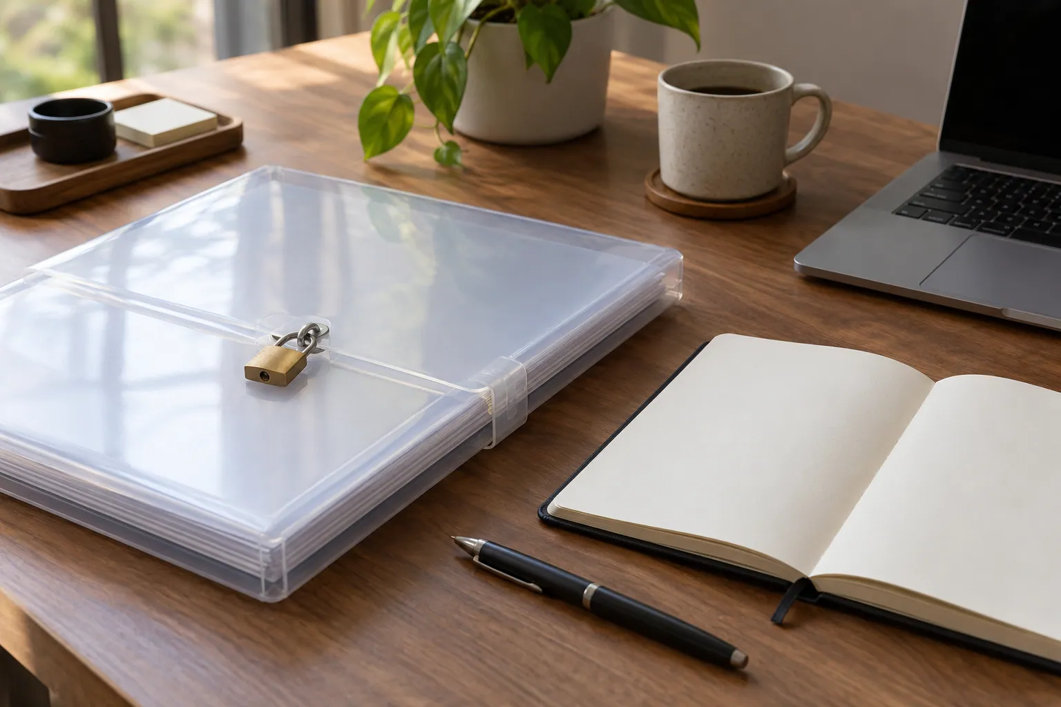 Carpeta transparente cerrada con un pequeño candado junto a una libreta
