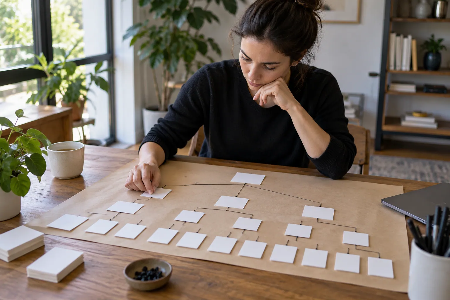 Tarjetas de páginas conectadas sobre una mesa de trabajo