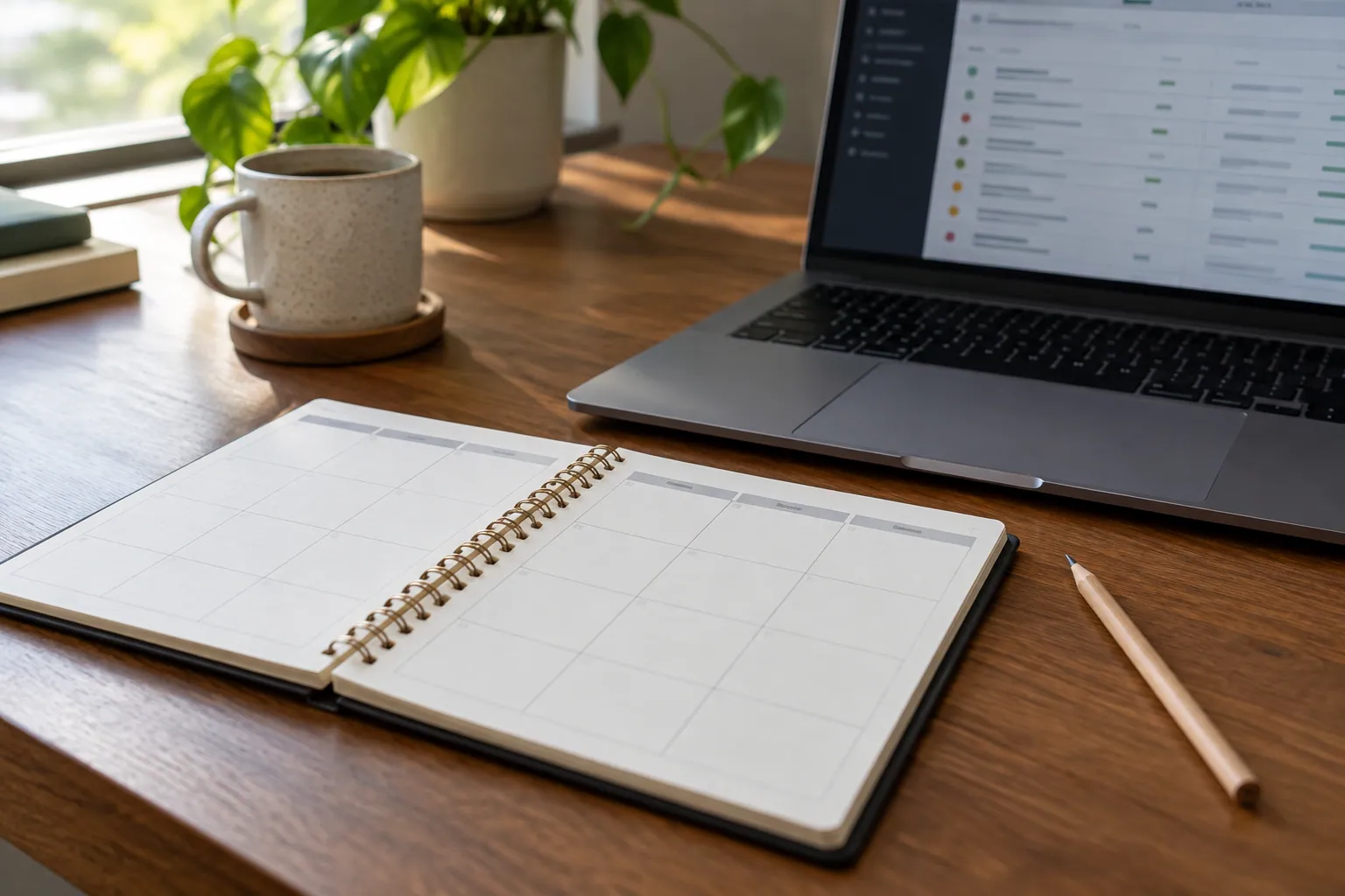 Planificador, lápiz y laptop en una mesa de seguimiento técnico
