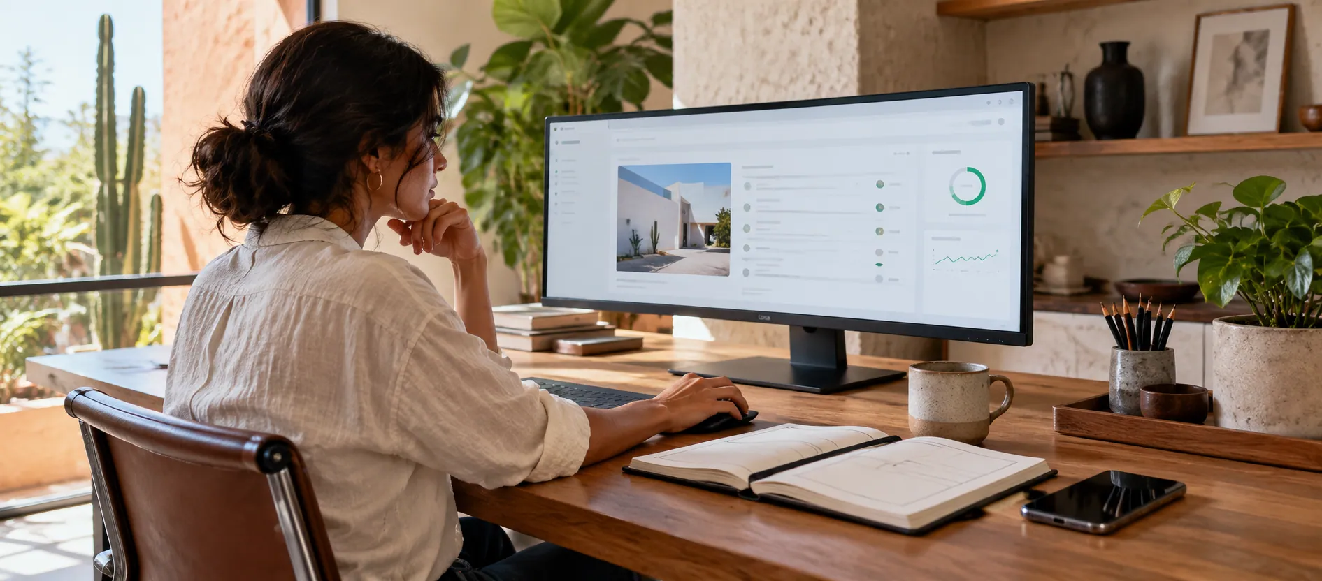 Espacio de diagnóstico web con monitor, libreta y teléfono