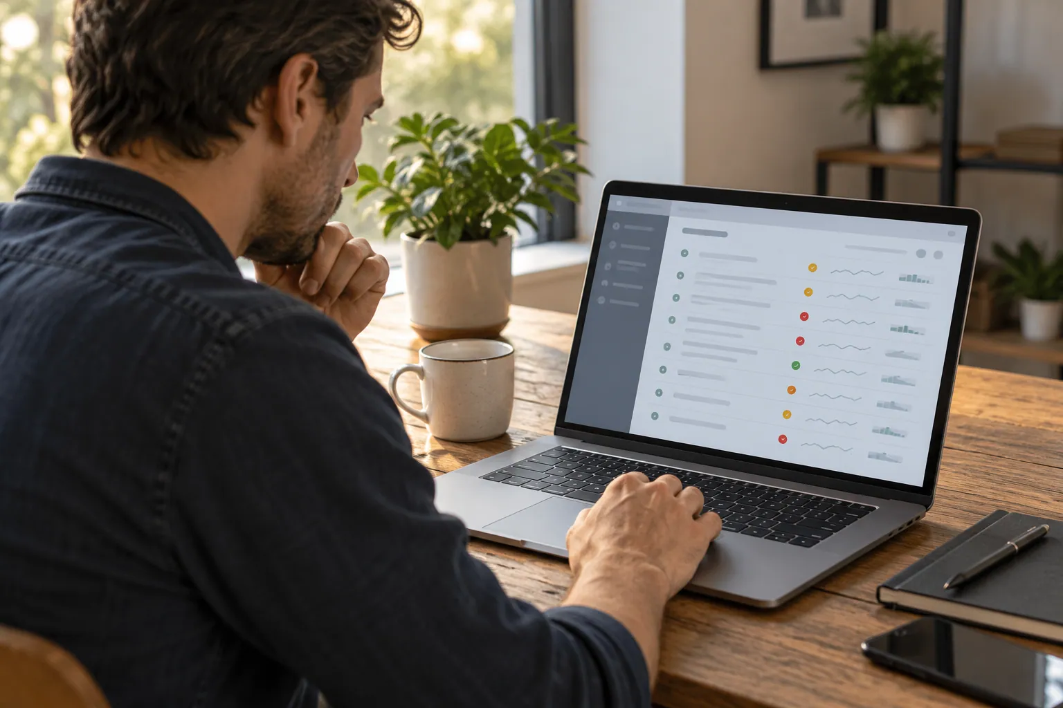 Persona revisa una interfaz genérica de diagnóstico web en una laptop