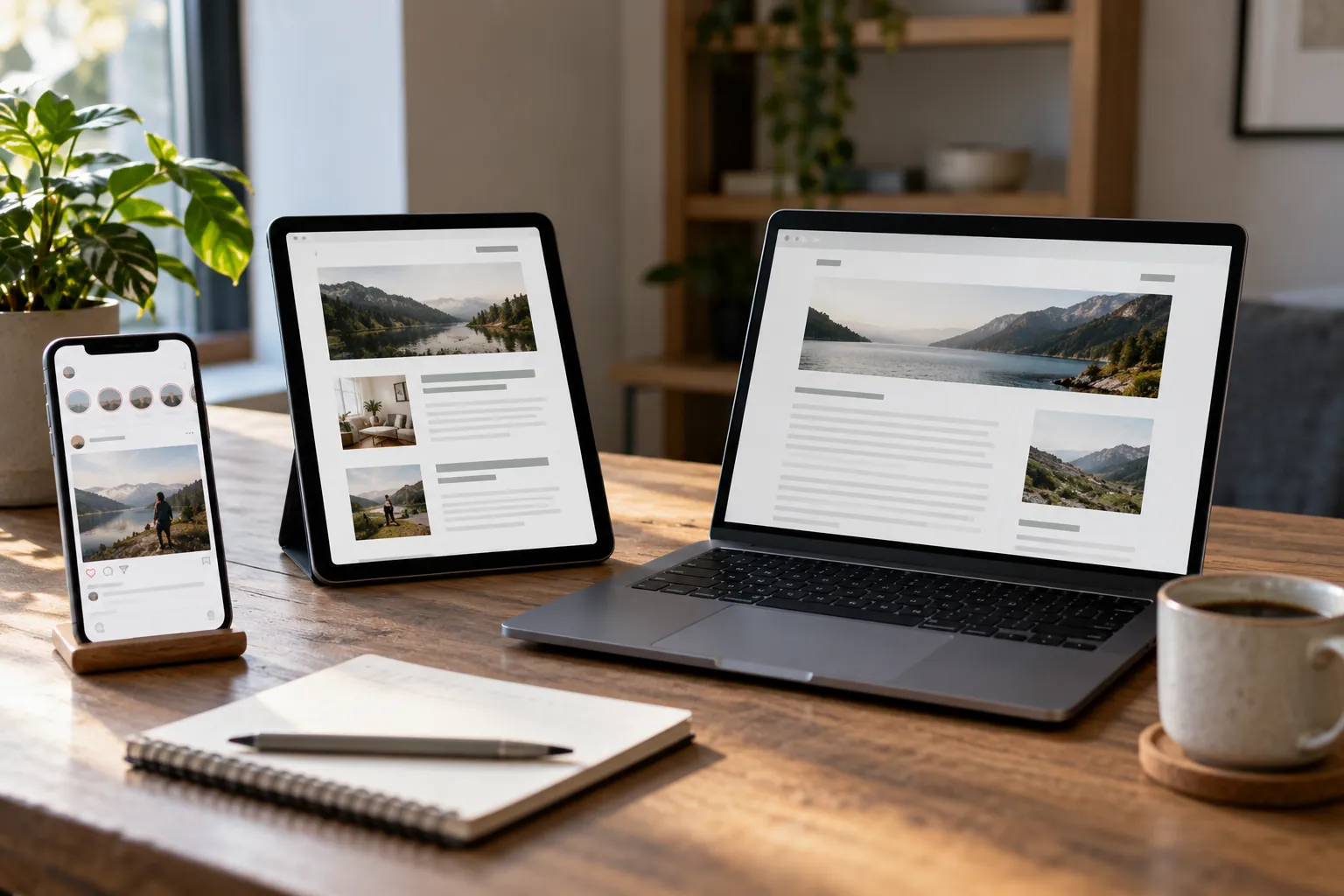 Teléfono, tableta y laptop muestran publicaciones digitales genéricas