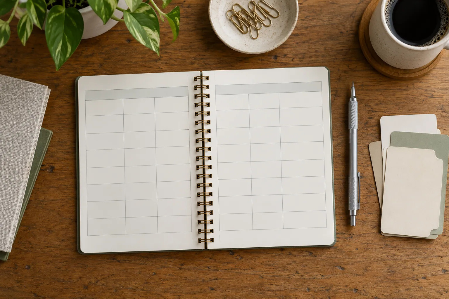 Libreta con una tabla de planificación vacía, separadores y lápiz