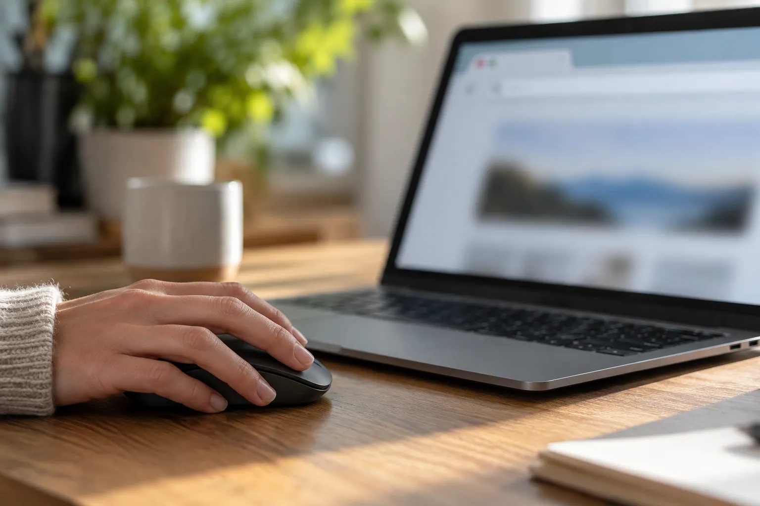 Una persona usa una laptop con la barra del navegador desenfocada