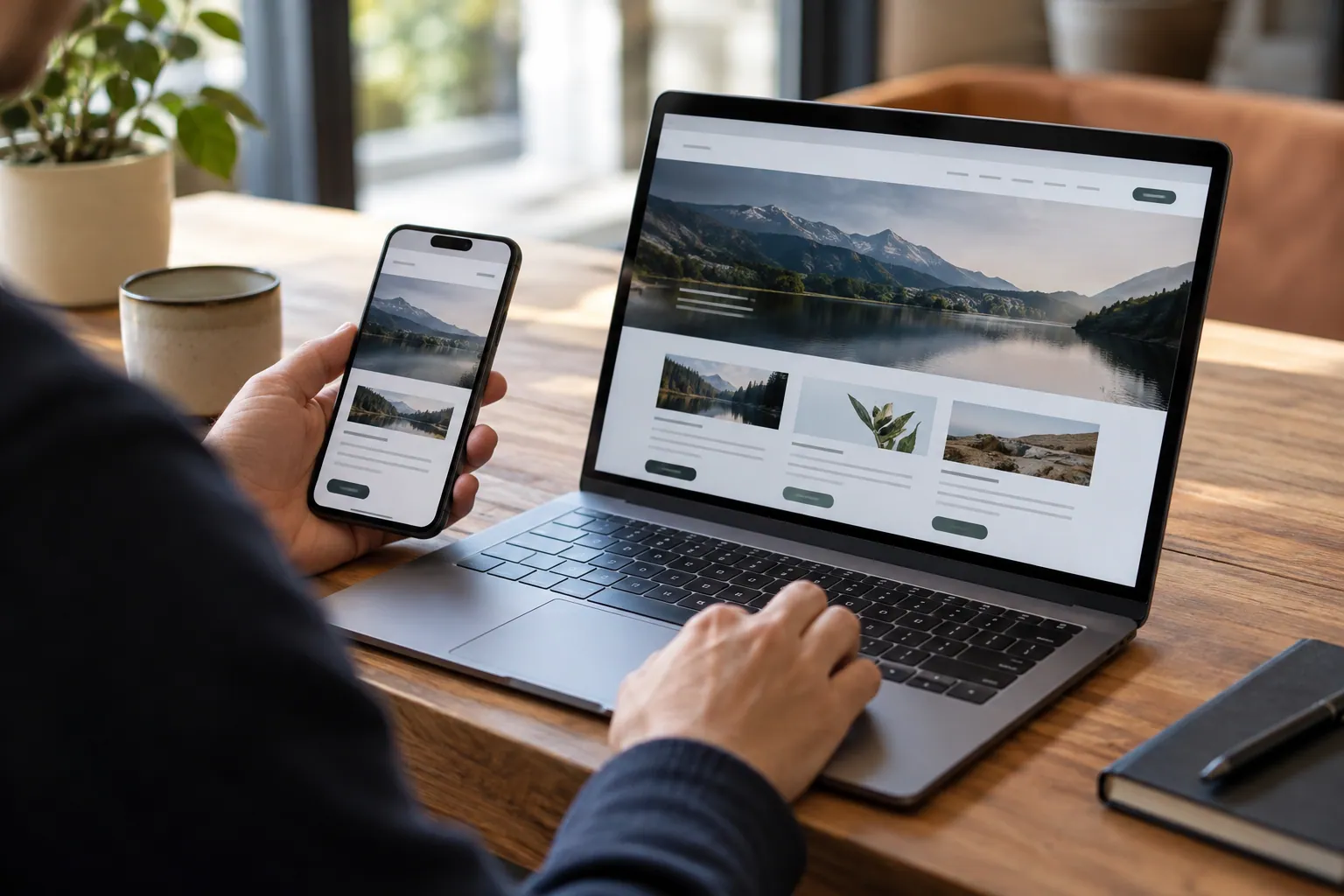 Teléfono y laptop muestran la misma página genérica de destino