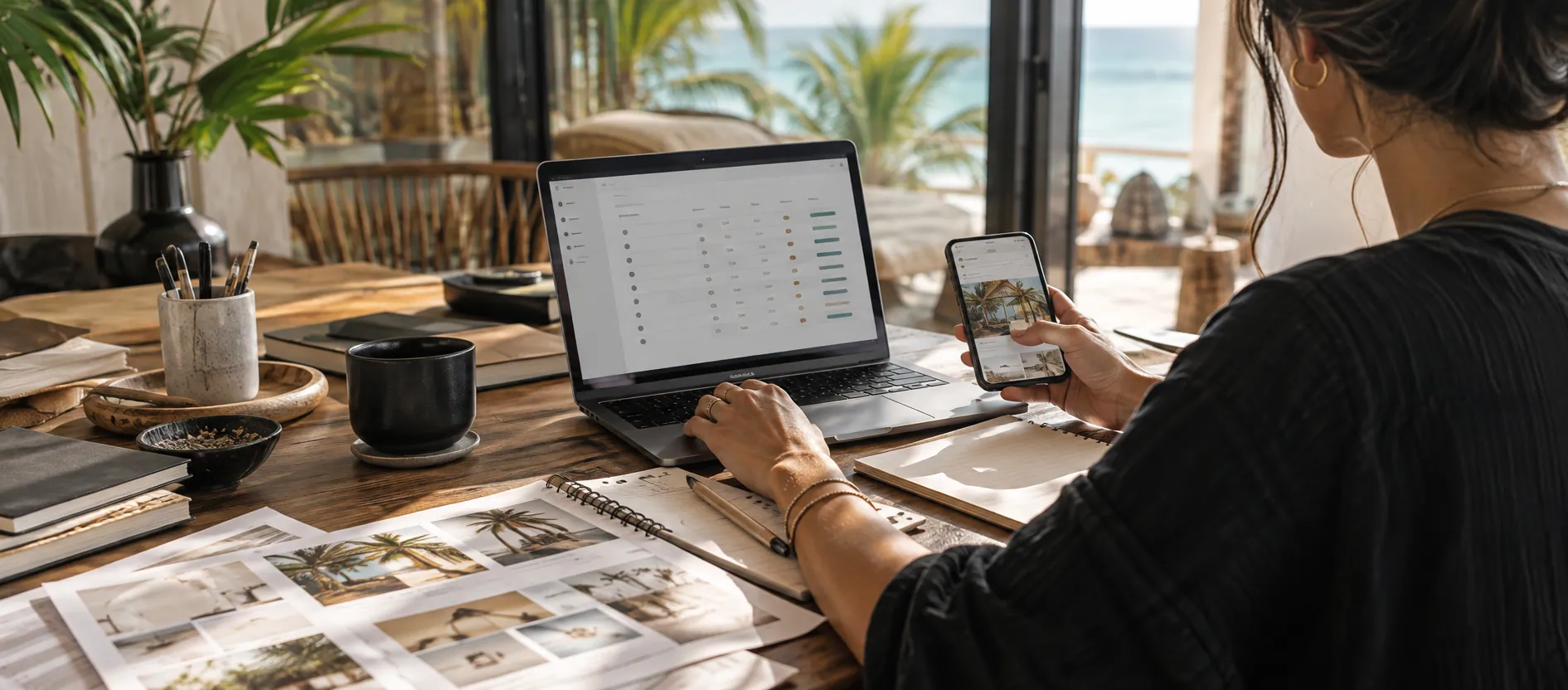 Espacio de planificación de campañas con laptop, teléfono y hojas de trabajo