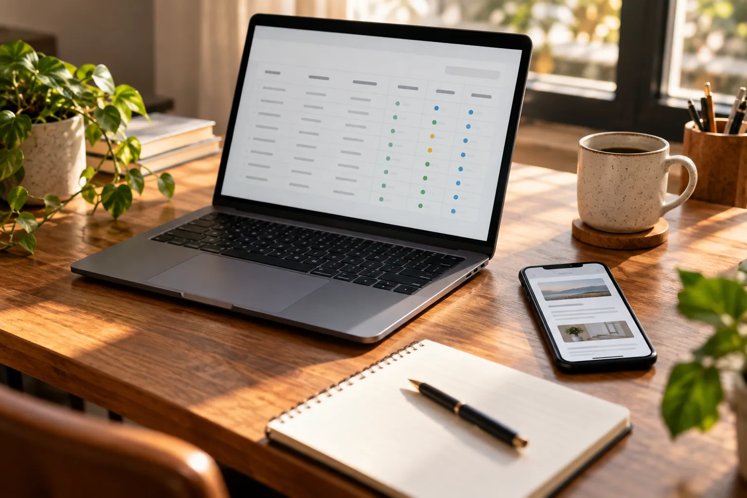 Laptop con tabla genérica y teléfono con una página de boletín sobre un escritorio