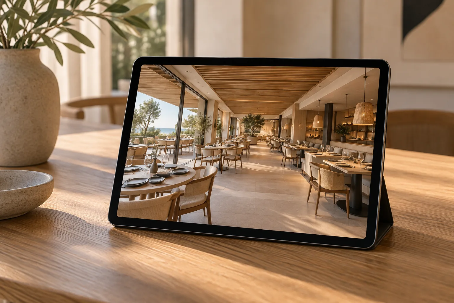 Tableta con la vista panorámica de un restaurante sobre una mesa de madera