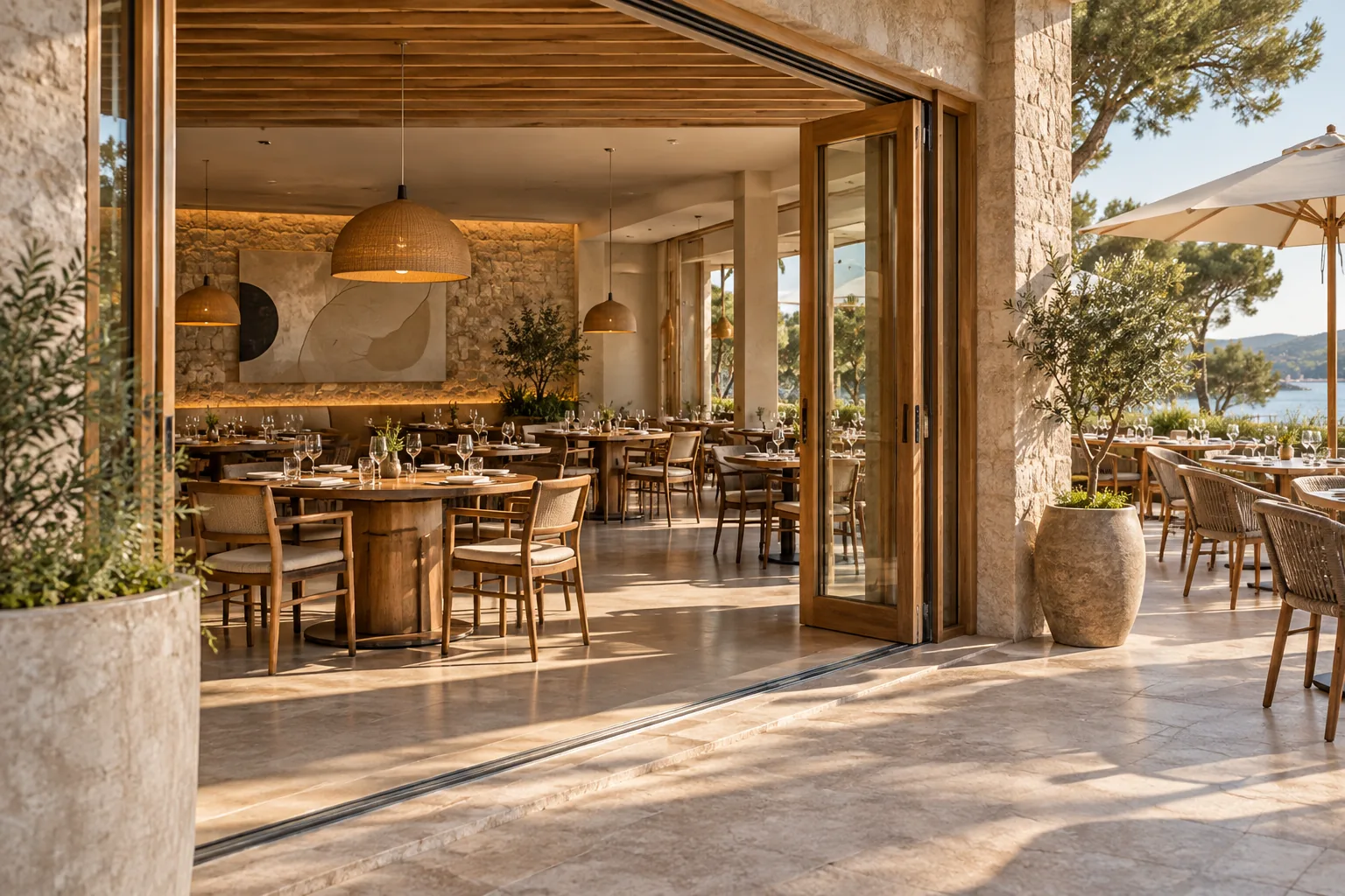 Entrada abierta de un restaurante con su salón y terraza visibles