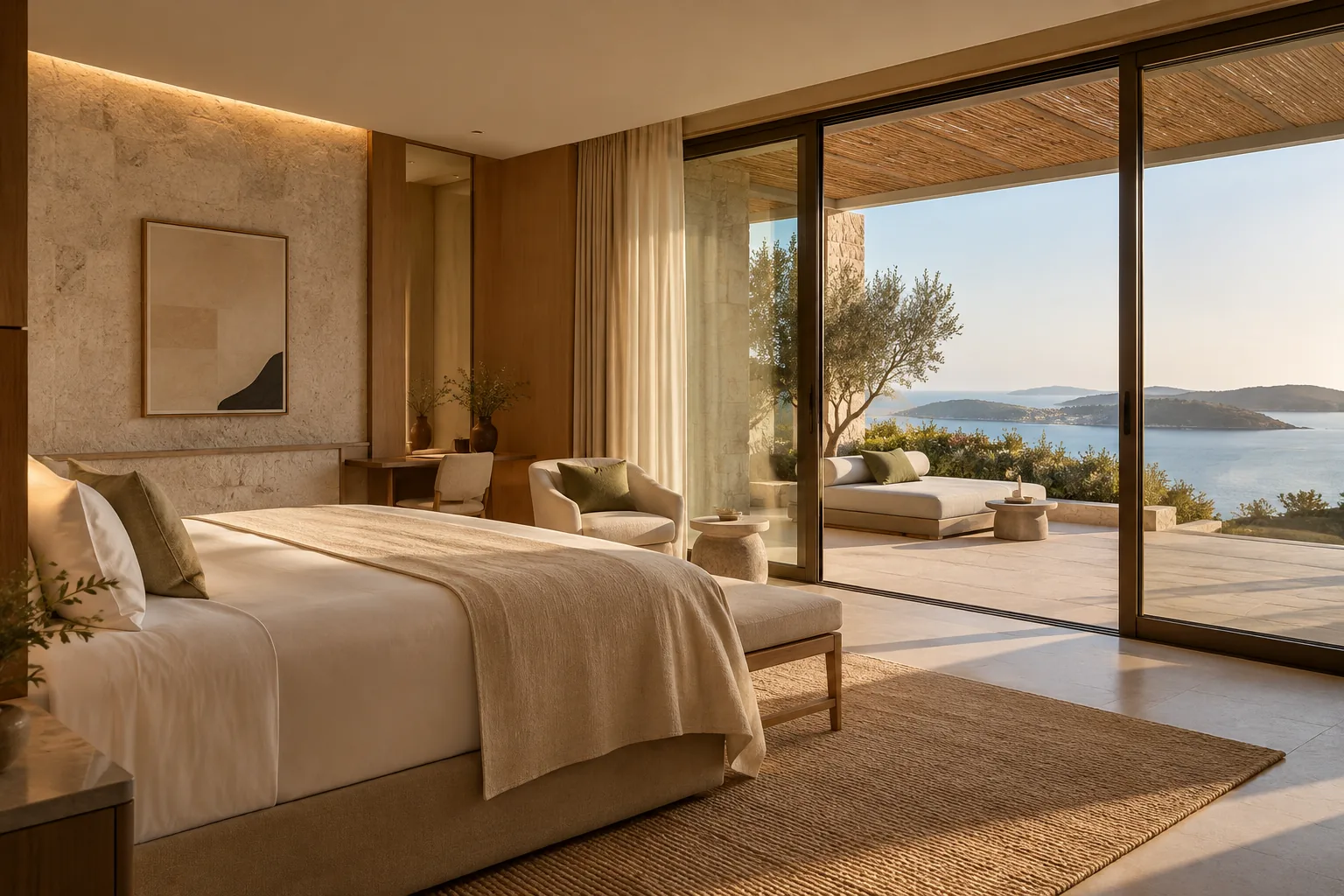Habitación de hotel con la cama, la terraza y la vista exterior en un mismo encuadre