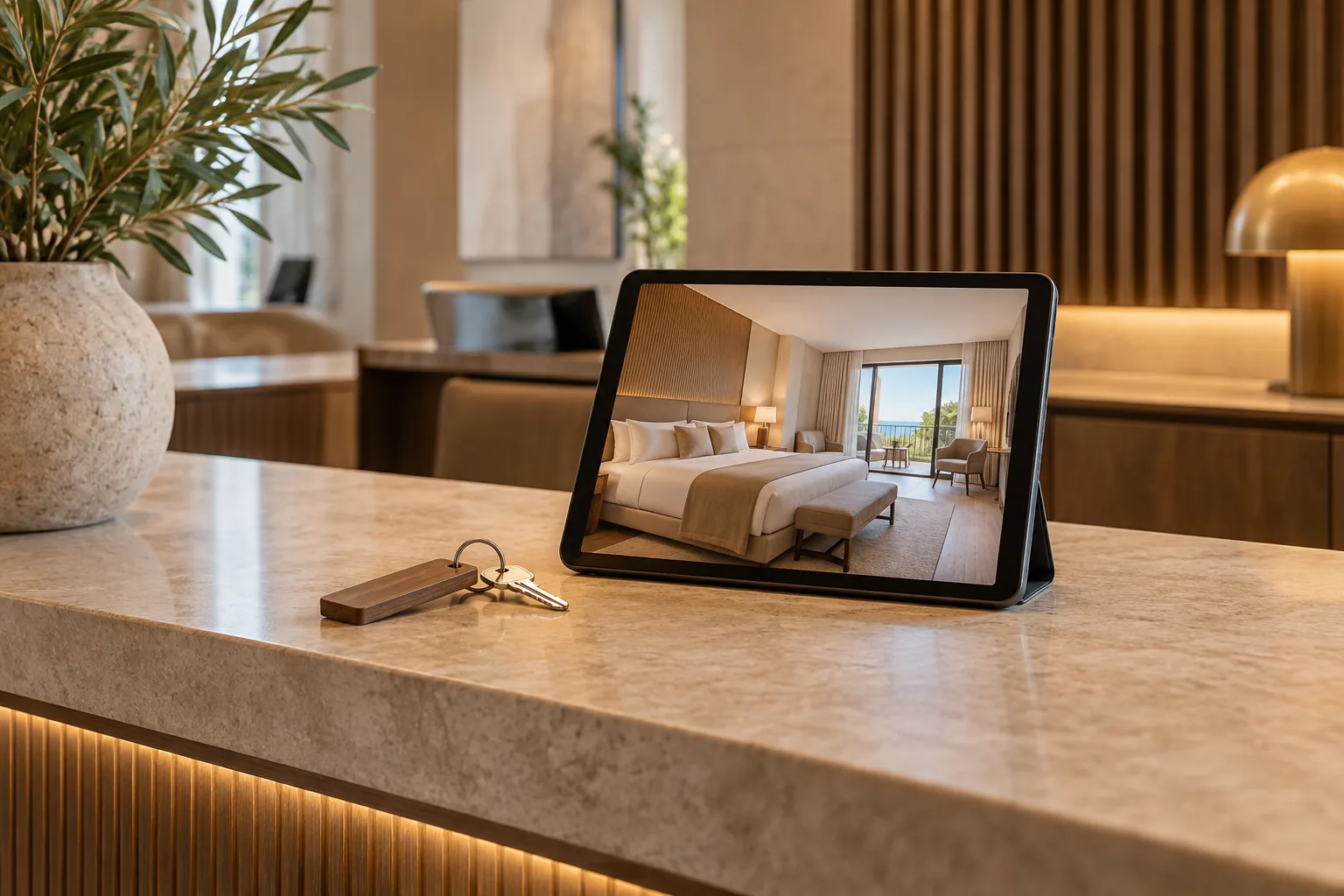 Llave de habitación y tableta con una habitación de hotel en la pantalla sobre un mostrador