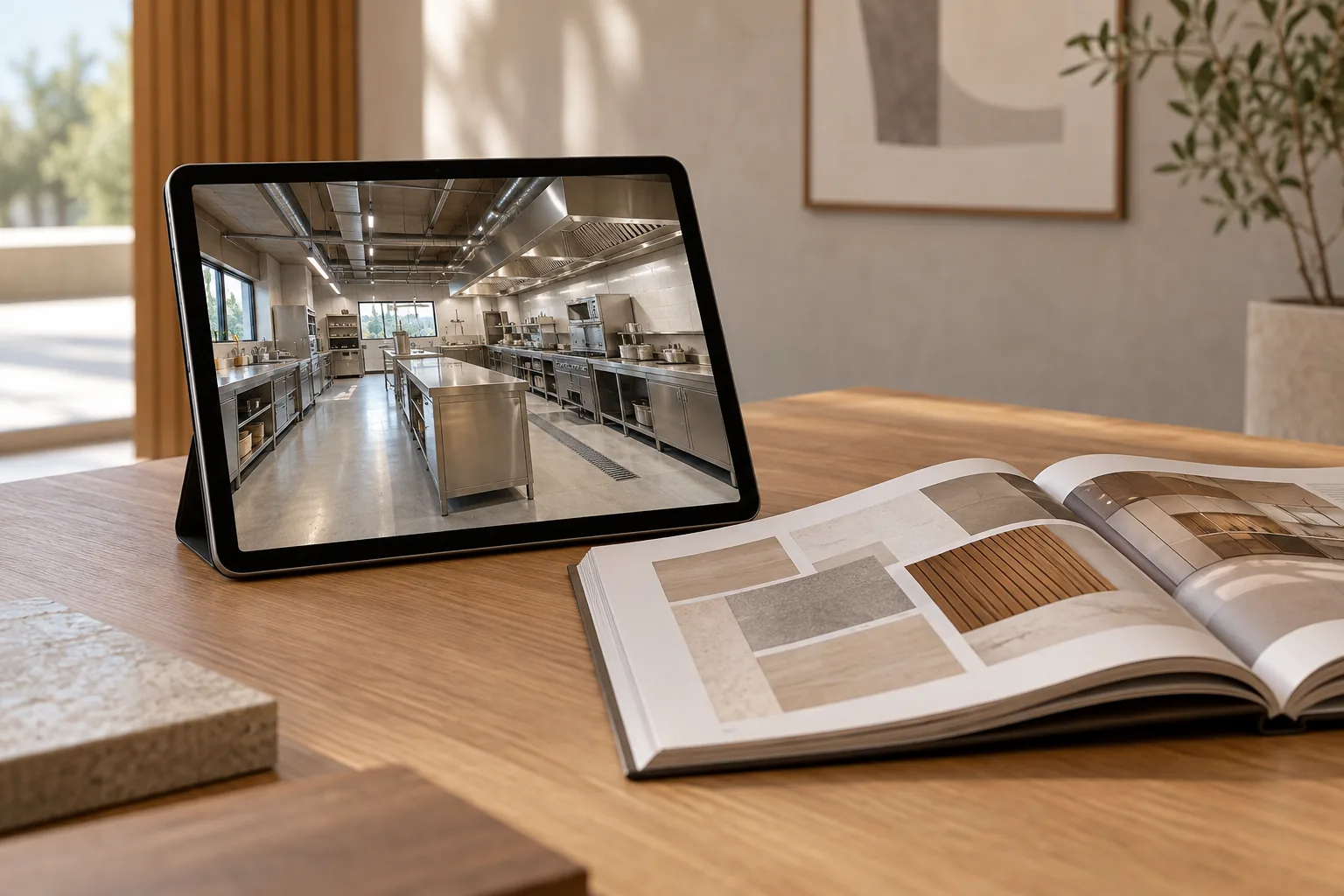 Tableta con la vista de una cocina industrial junto a un catálogo sin texto legible