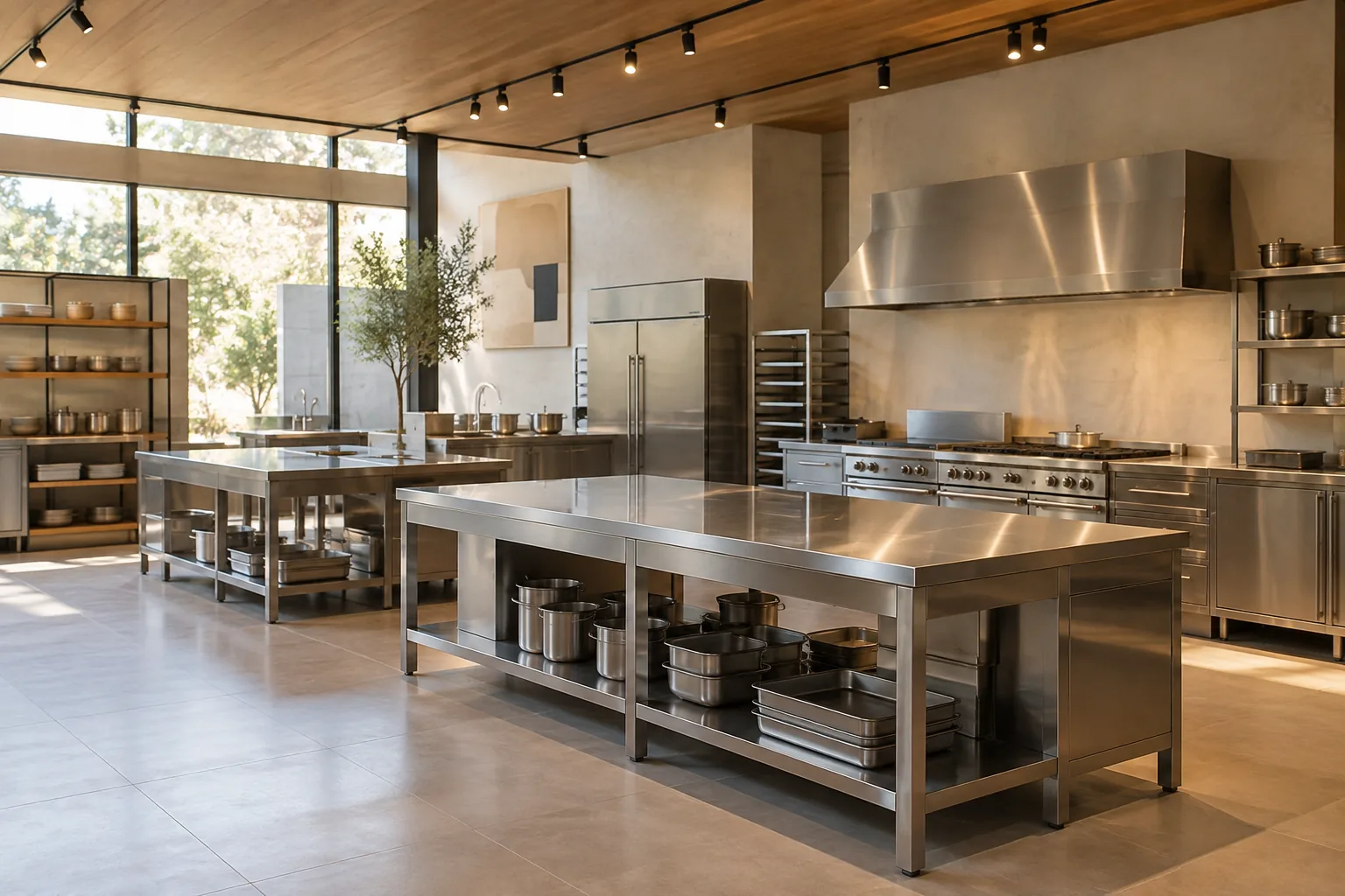Mesas y equipos de acero inoxidable en una cocina de exhibición genérica