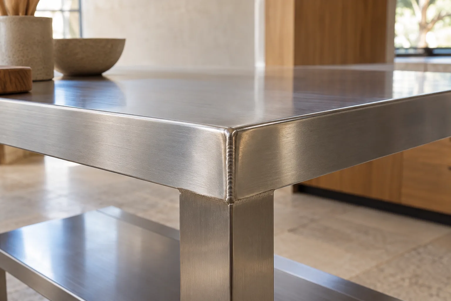 Detalle cercano de soldaduras y acabado de una mesa de acero inoxidable