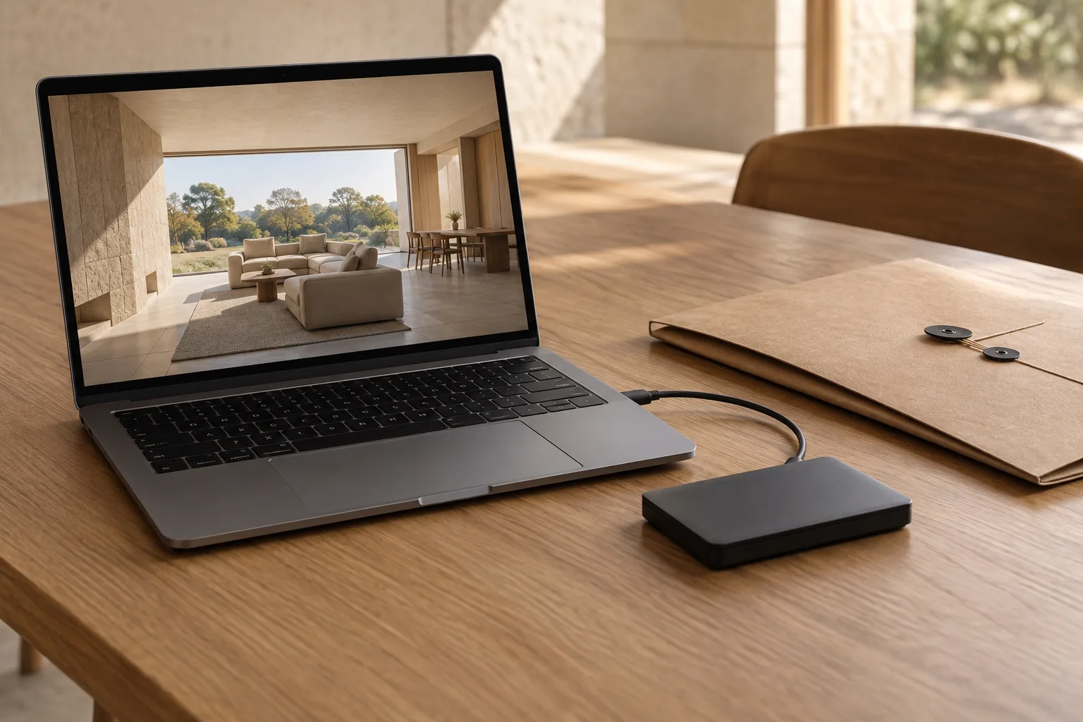 Disco externo conectado a una computadora junto a una carpeta de entrega sin marcas