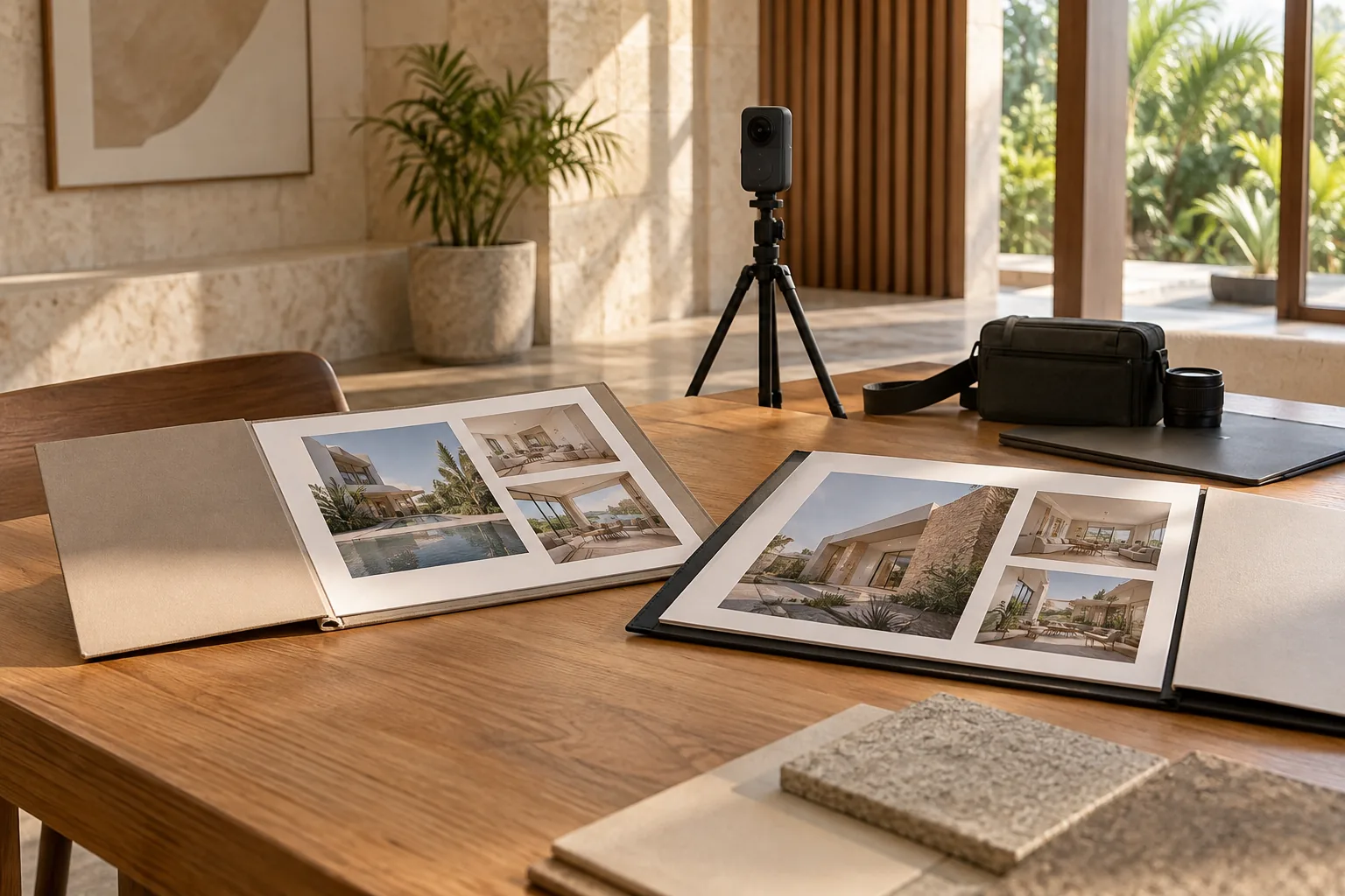 Dos carpetas de propuesta con distintos conjuntos de fotografías y equipo de captura al fondo