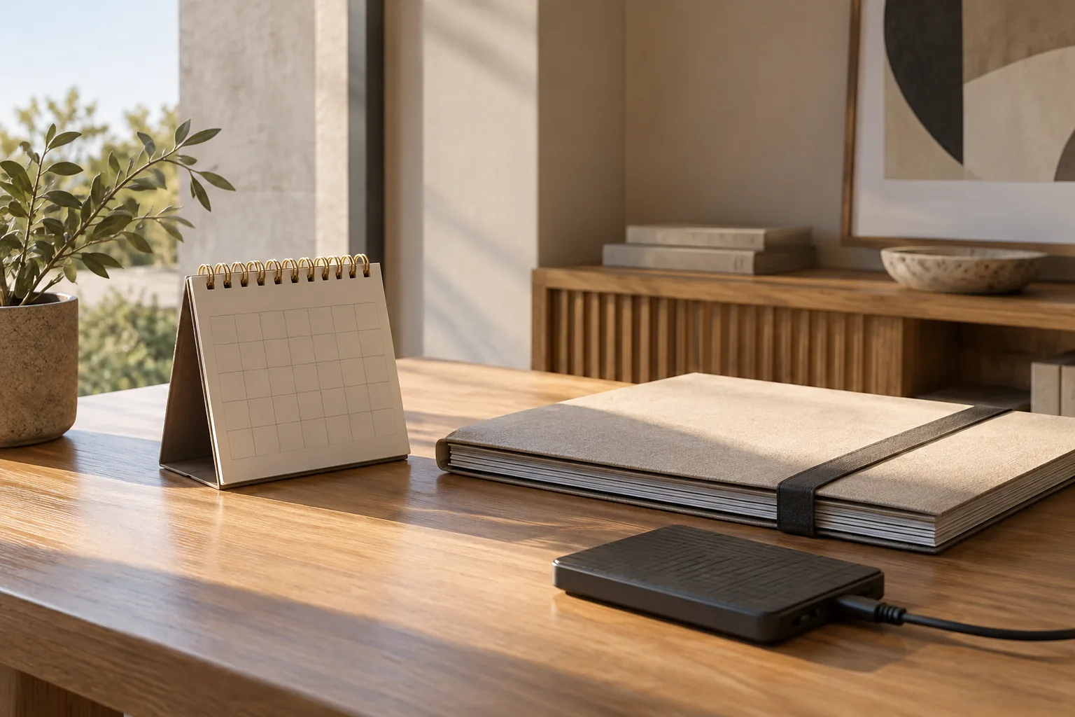 Calendario de escritorio sin cifras legibles junto a una carpeta de proyecto y un disco externo