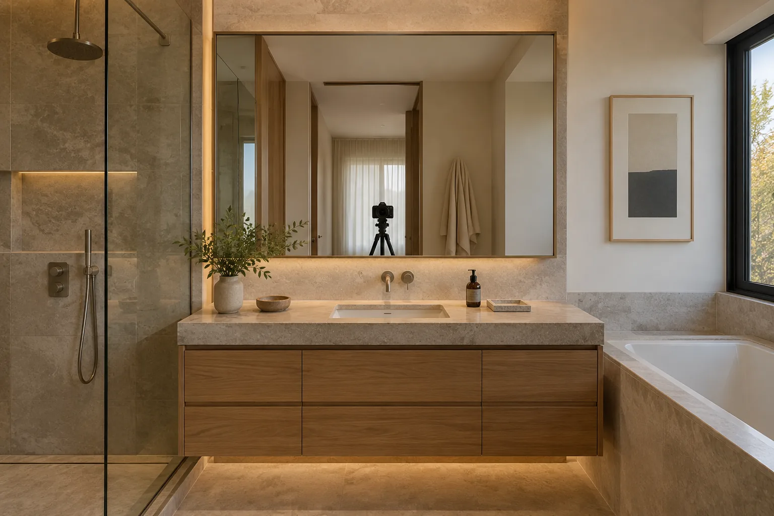 Reflejo de un trípode en el espejo de un baño preparado para fotografía