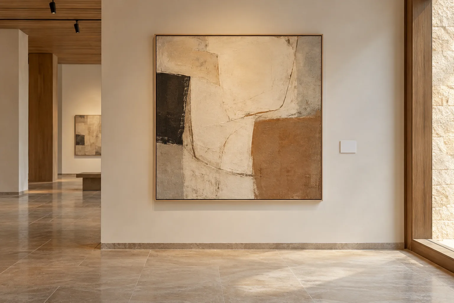 Obra abstracta original en una galería con cartela contigua sin texto legible