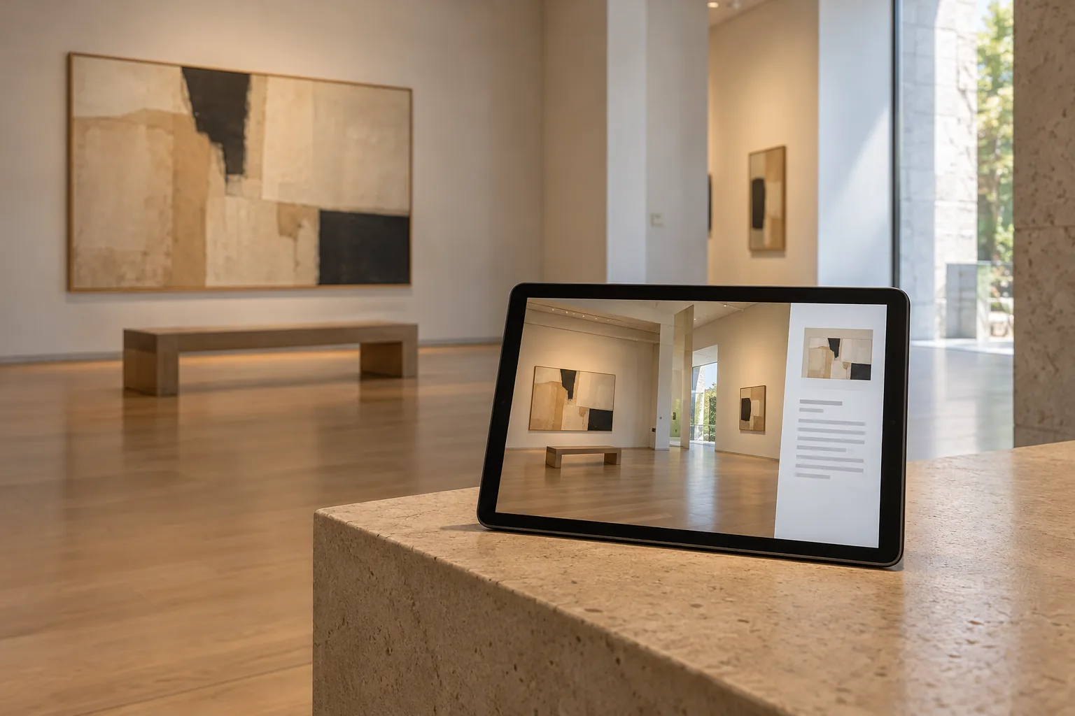 Tableta con vista de una sala de galería y un panel lateral de información sin texto legible