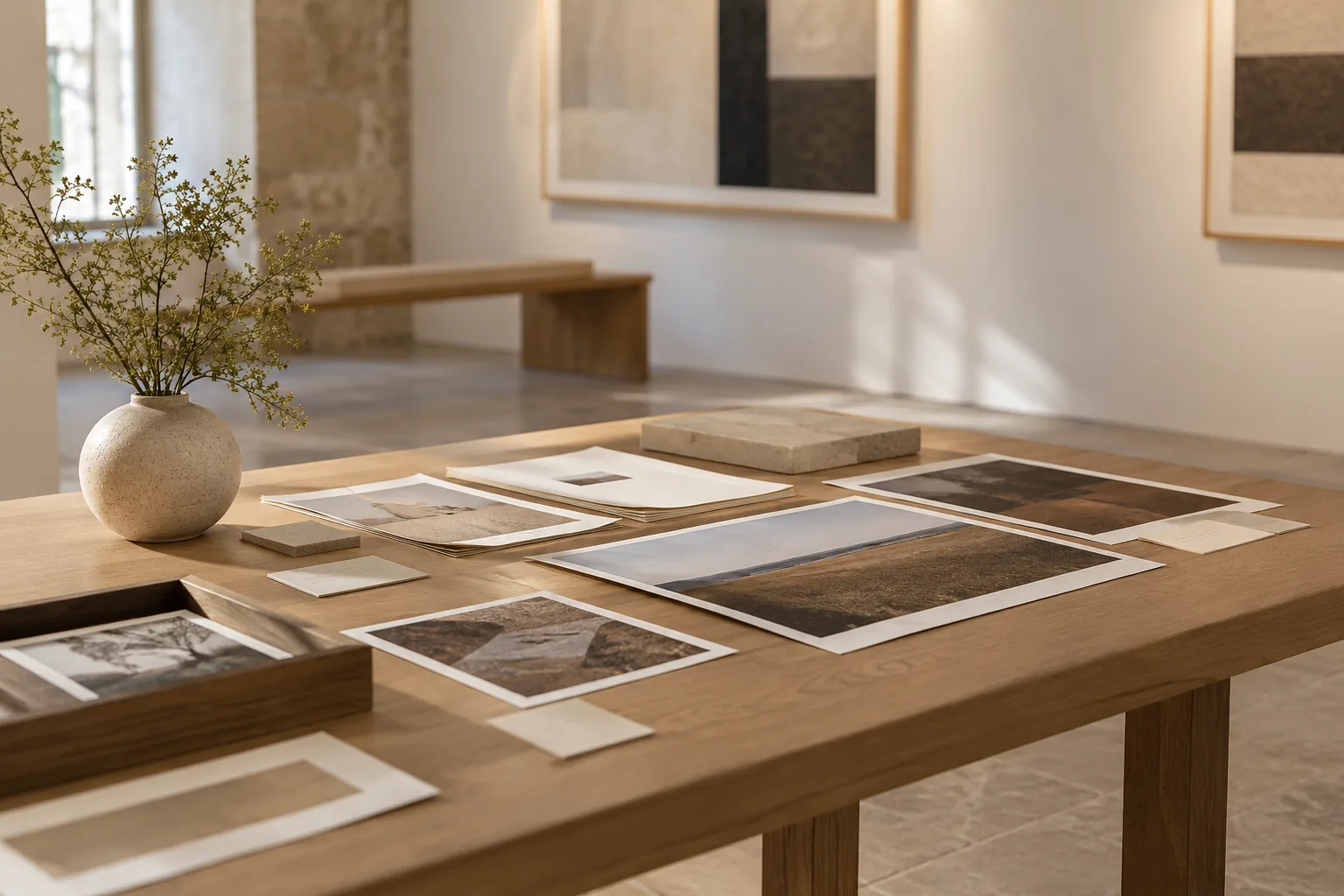 Cartelas sin texto legible y fotografías de montaje ordenadas sobre una mesa curatorial