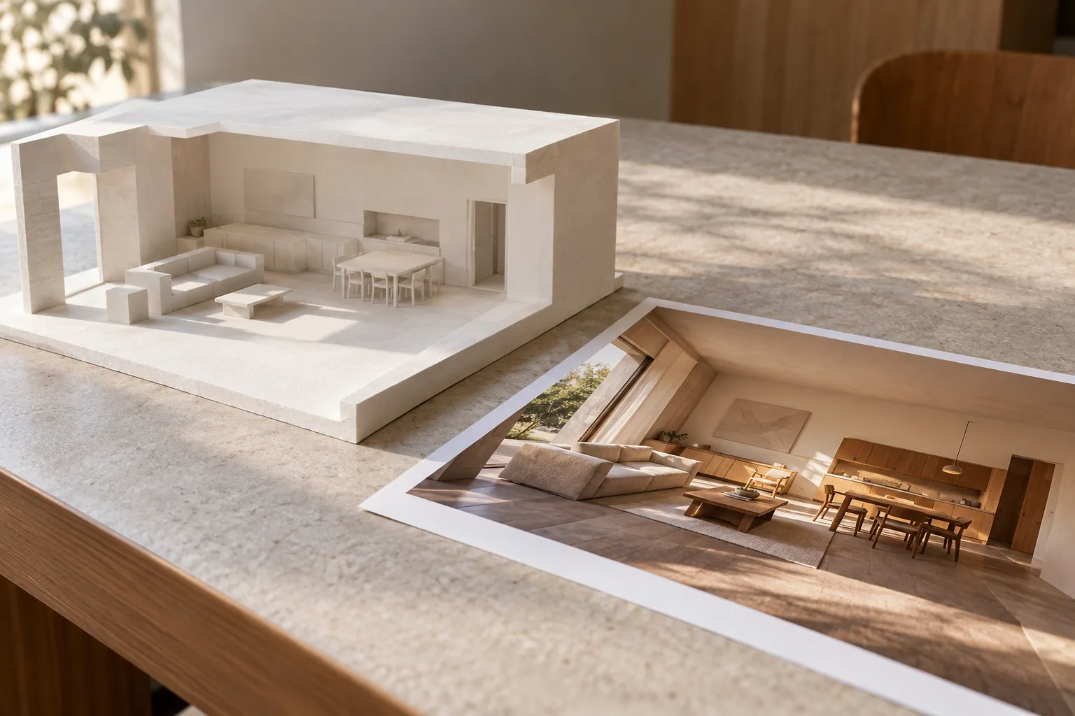Maqueta blanca de una sala junto a una fotografía impresa de un interior construido