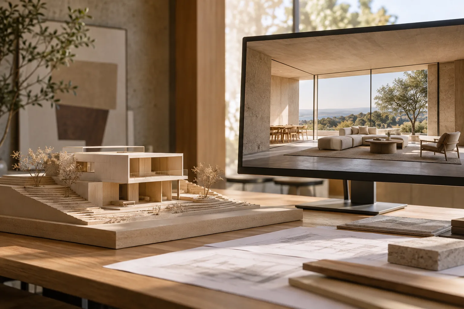 Modelo arquitectónico sin terminar junto a una pantalla con una visualización de interior