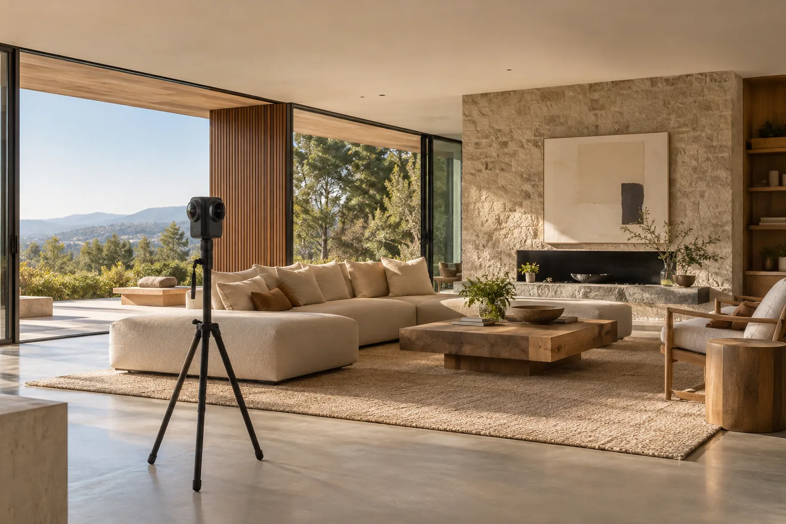 Cámara panorámica en una sala terminada con muebles, texturas y luz natural