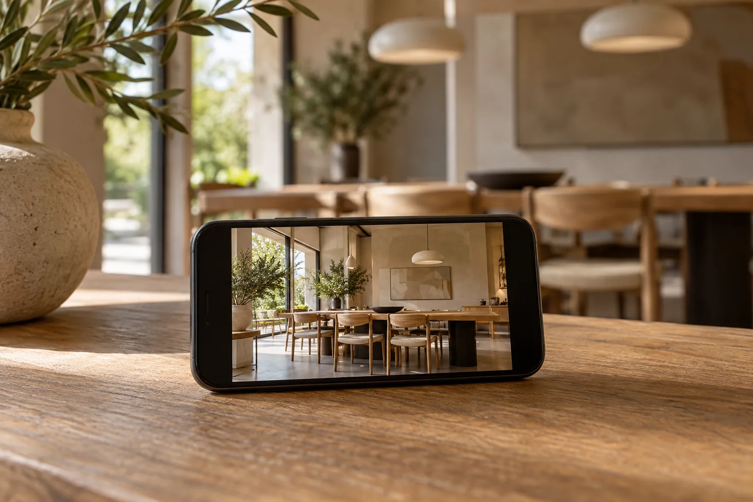 Teléfono apoyado en una mesa mostrando el interior de un espacio gastronómico