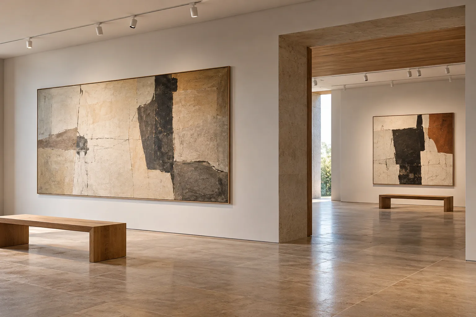 Sala de galería con obras abstractas originales y paso entre dos espacios expositivos