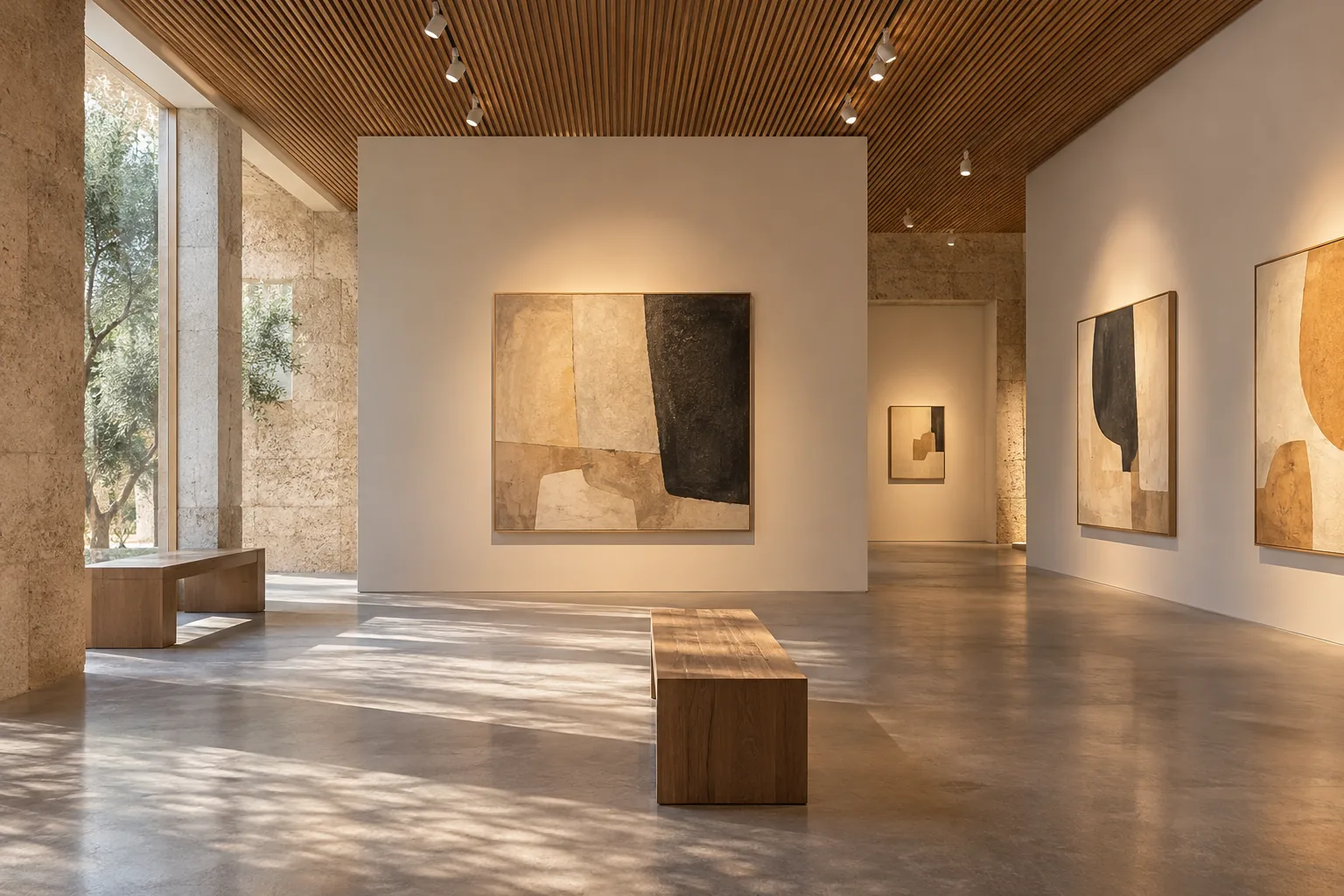 Vista de una exposición que conserva la relación entre obras, iluminación y arquitectura