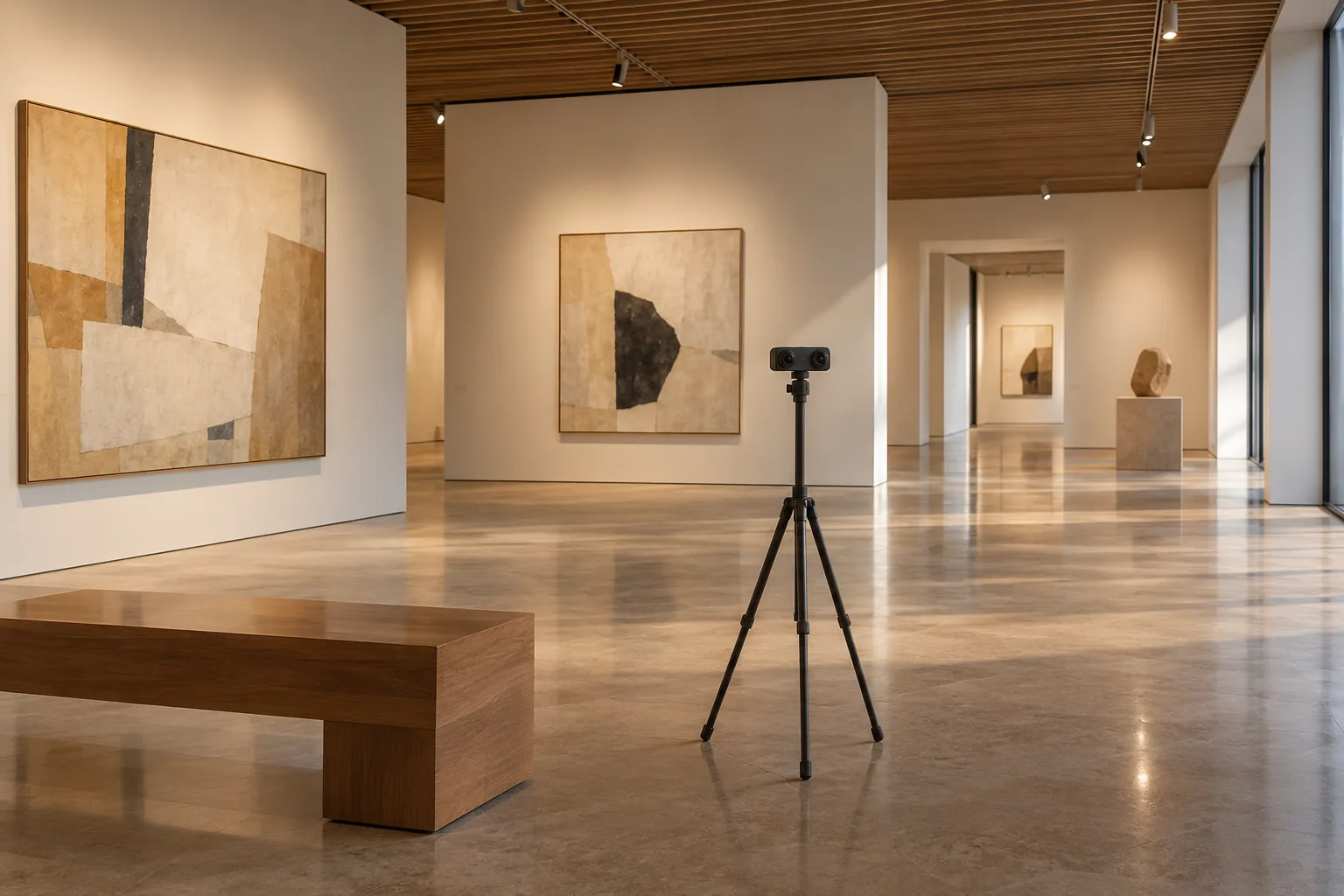 Cámara panorámica en una sala de galería con obras abstractas y luz lateral