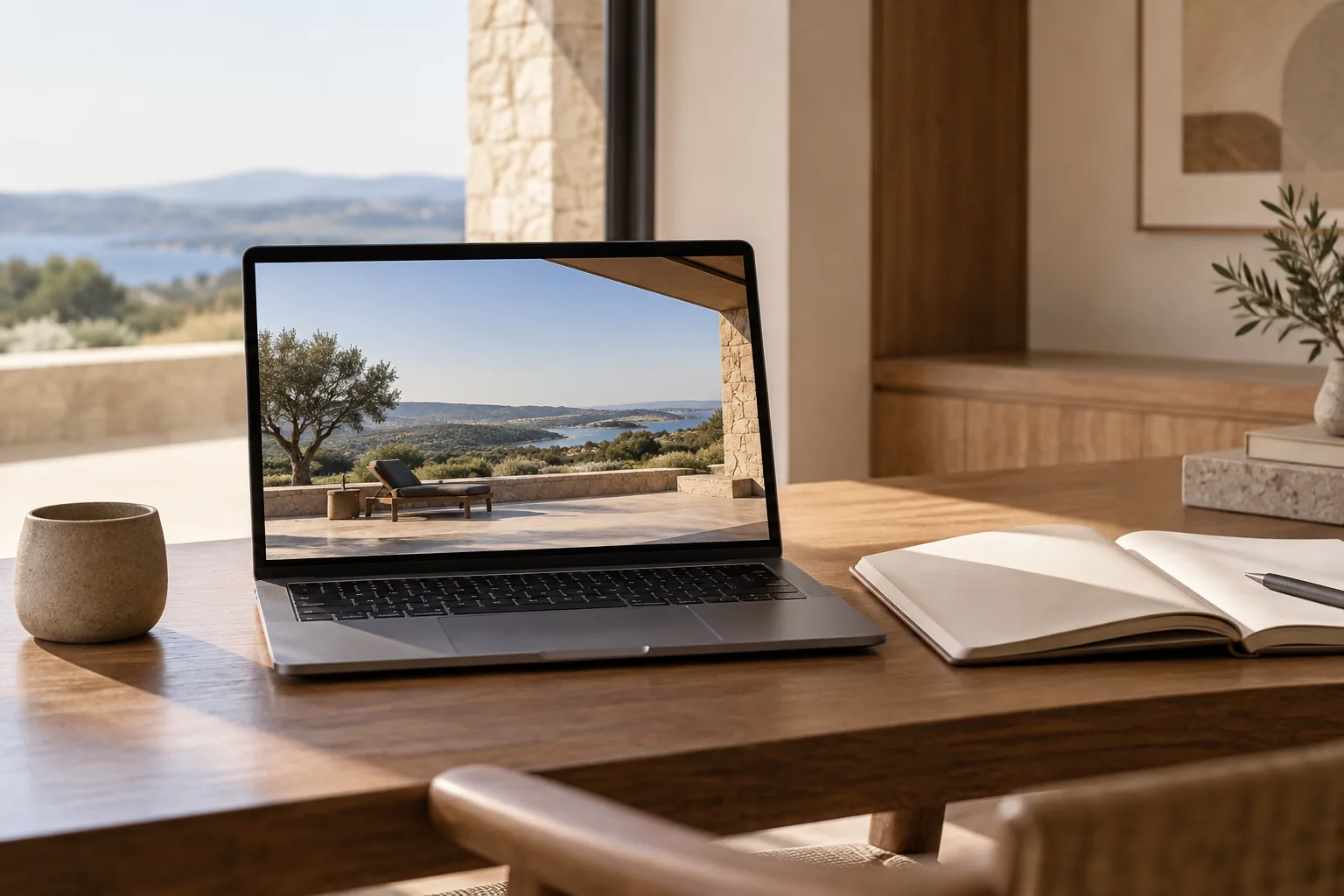 Computadora con una vista panorámica y cuaderno de observación sin números ni texto legible