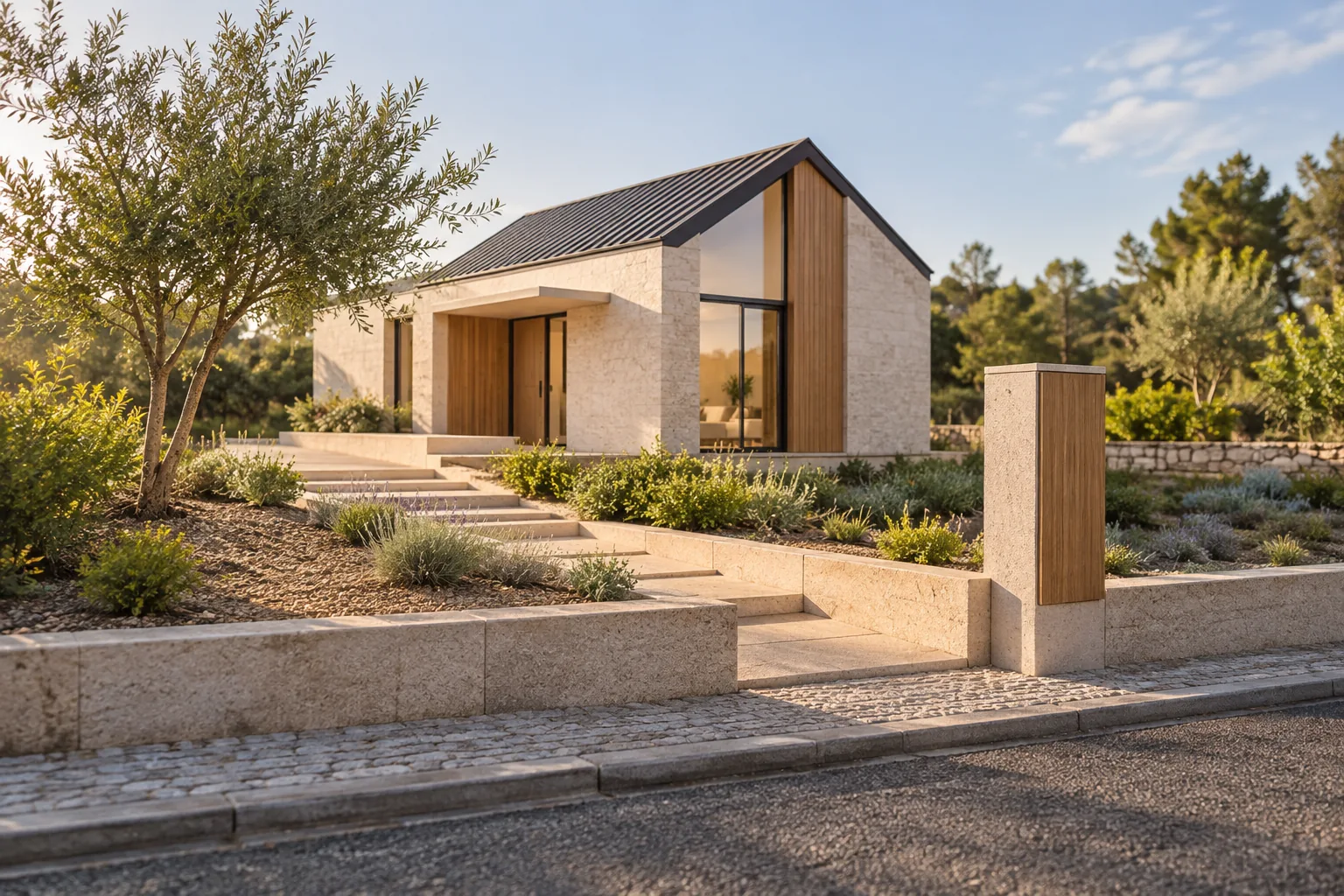 Casa ilustrativa sobre una parcela con un poste de dirección sin texto junto al acceso