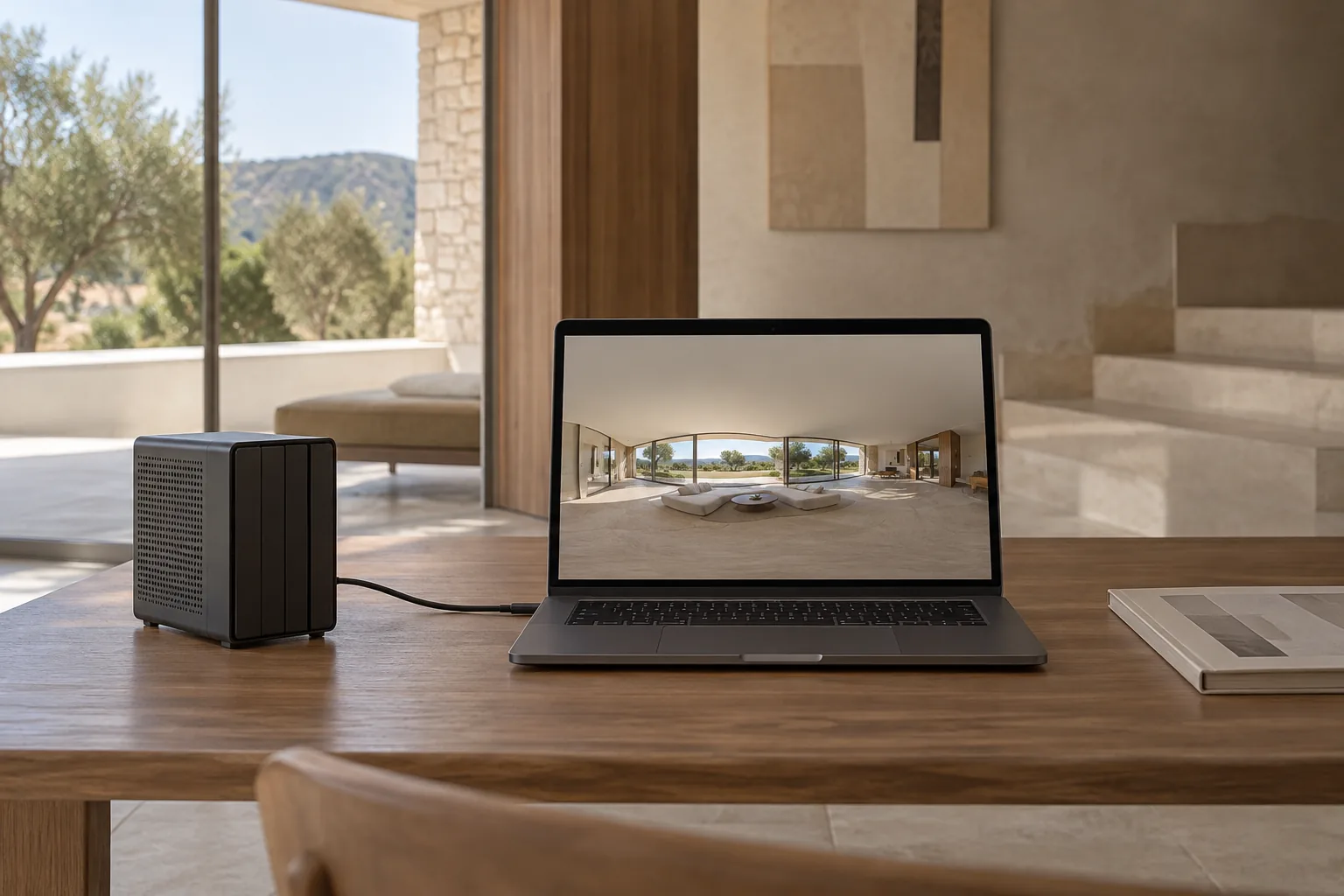 Servidor compacto conectado por cable a una computadora con una imagen panorámica