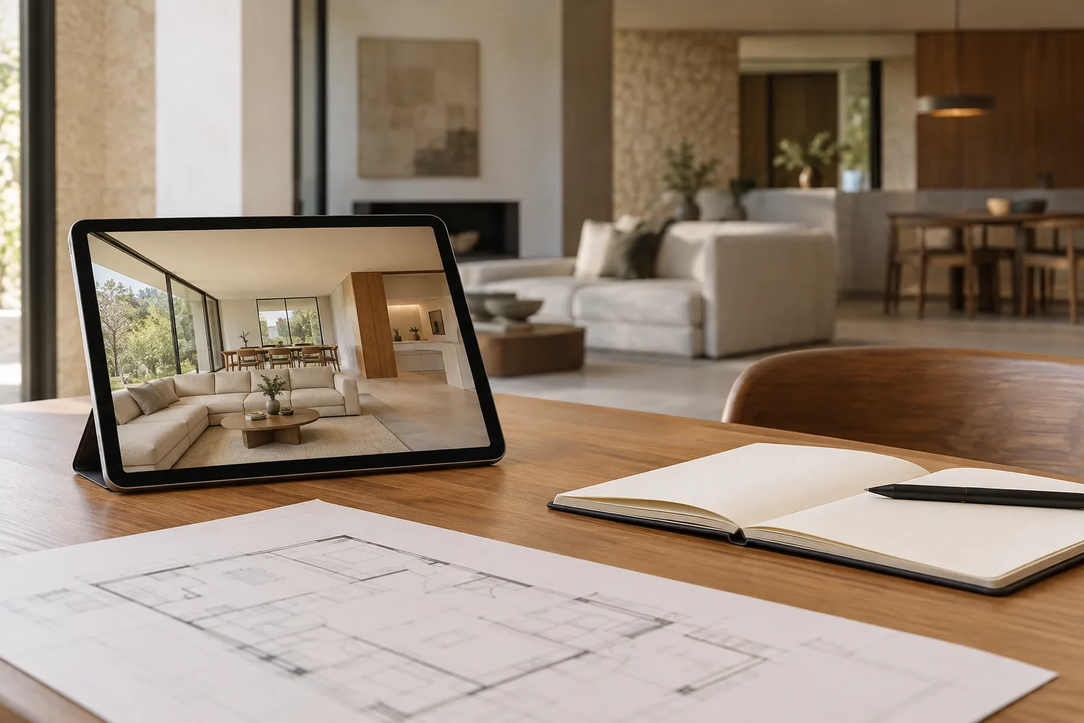 Tableta con interior inmobiliario y libreta de observación junto a un plano